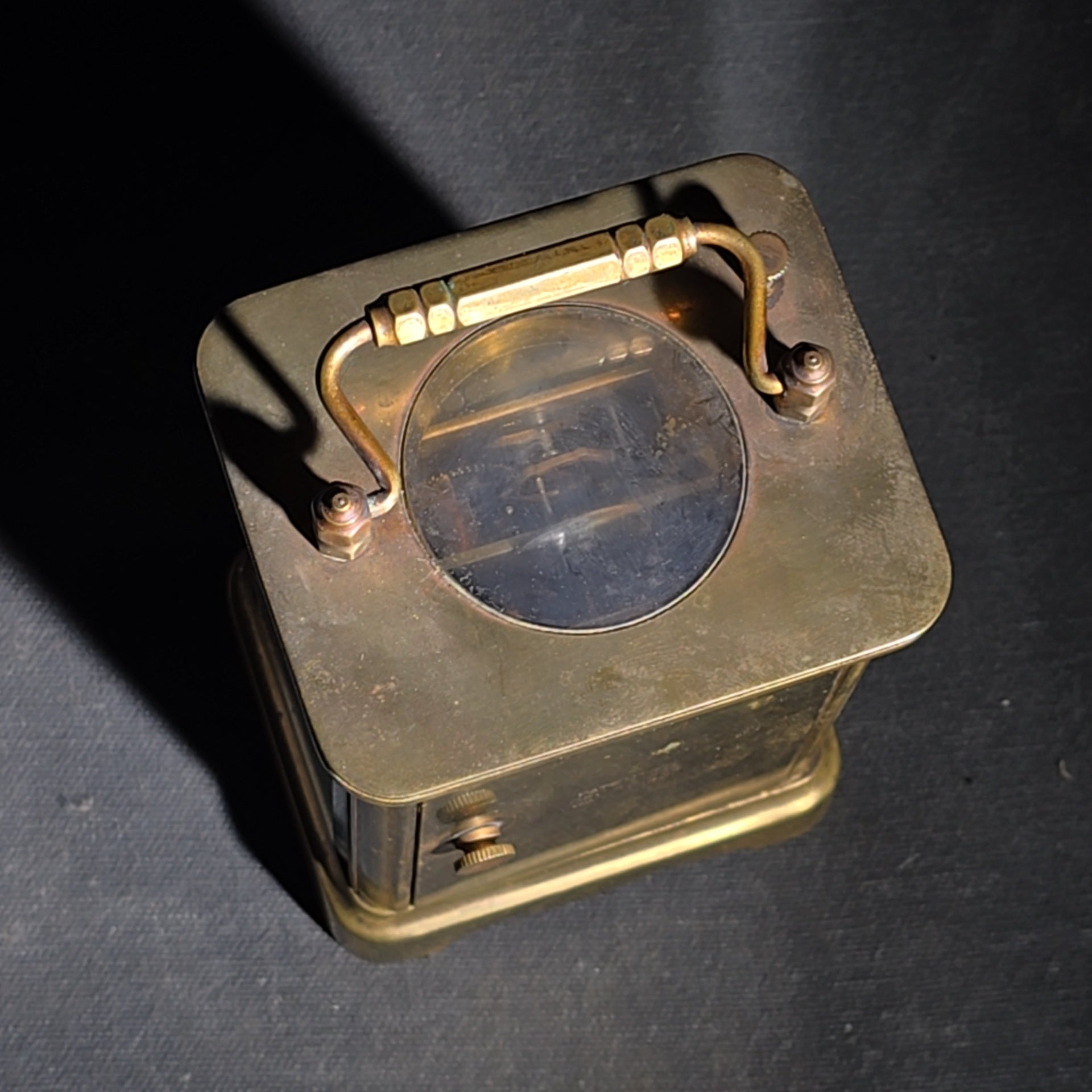 Antique French Brass Carriage Clock with Four Beveled Glass Panels and Roman Numeral Dial, Patented 1891