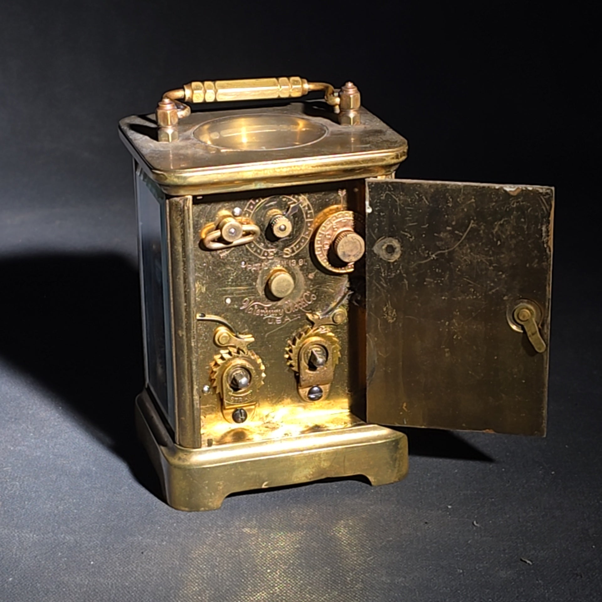 Antique French Brass Carriage Clock with Four Beveled Glass Panels and Roman Numeral Dial, Patented 1891