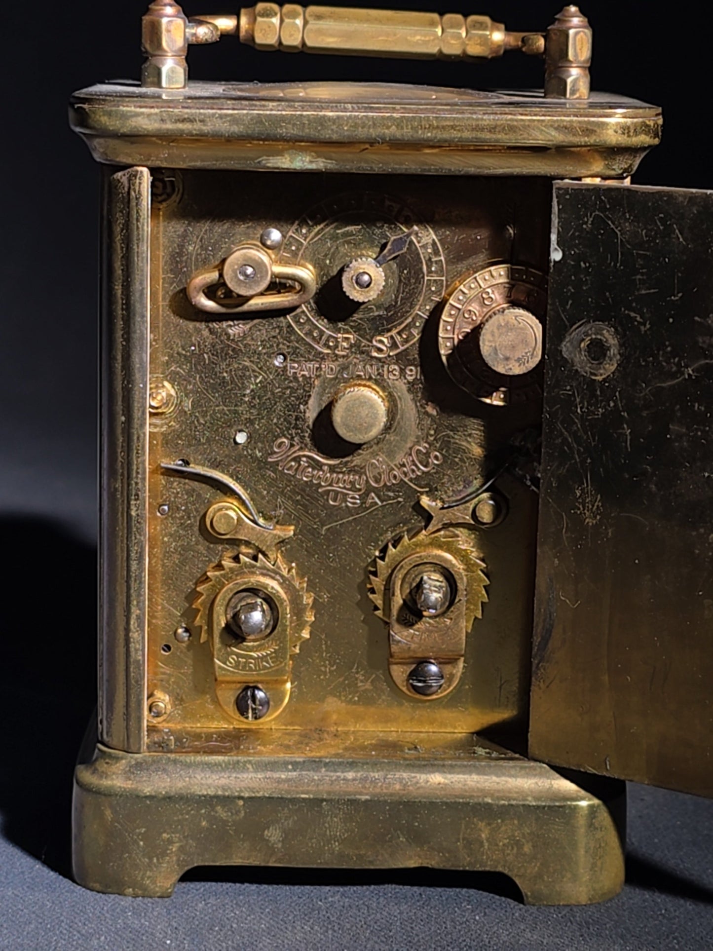 Antique French Brass Carriage Clock with Four Beveled Glass Panels and Roman Numeral Dial, Patented 1891
