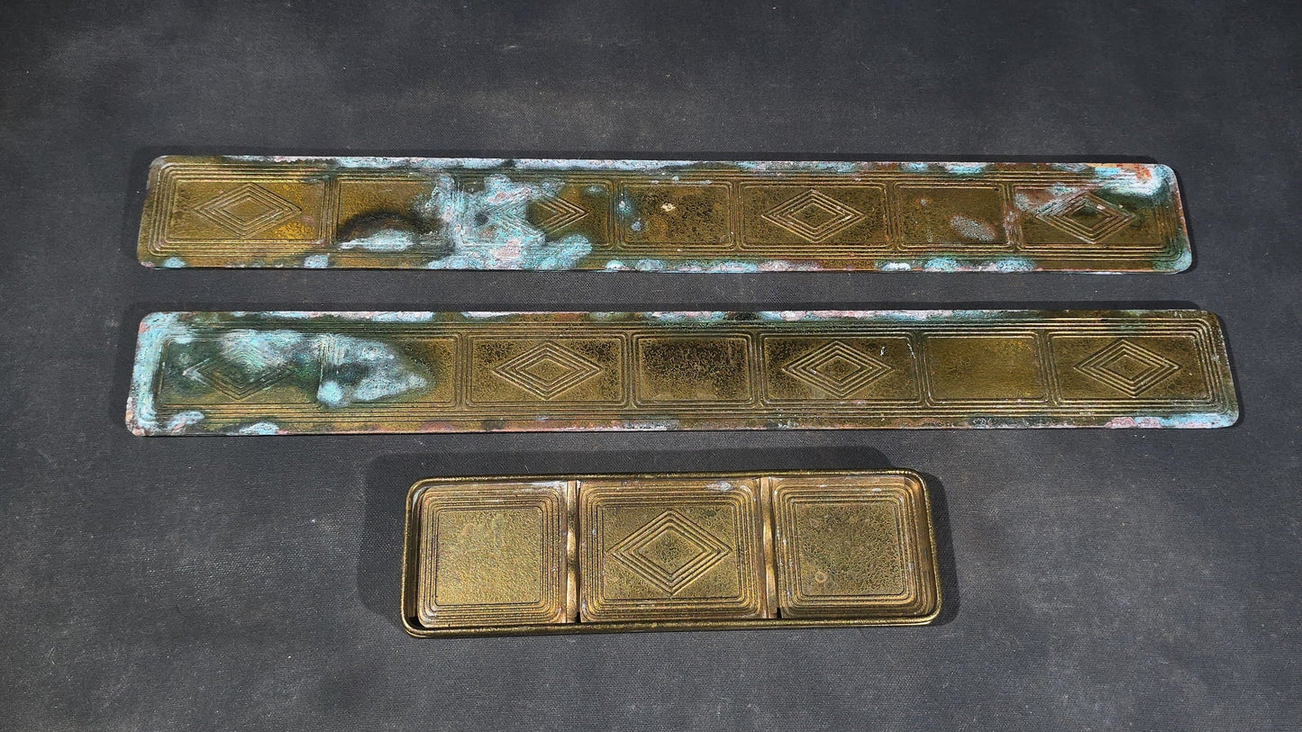 Trio of Antique Tiffany Studios New York Bronze Doré Desk Accessories including Two Blotter Ends and a Pen Tray, Graduate Pattern No. 1798 and No. 1796
