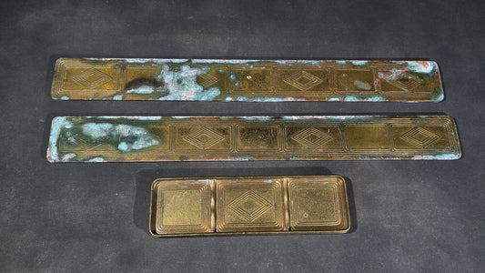 Trio of Antique Tiffany Studios New York Bronze Doré Desk Accessories including Two Blotter Ends and a Pen Tray, Graduate Pattern No. 1798 and No. 1796
