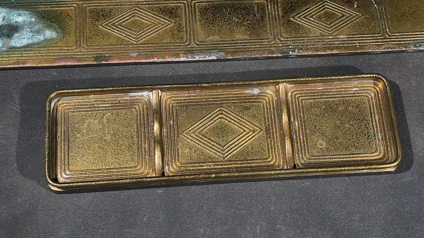 Trio of Antique Tiffany Studios New York Bronze Doré Desk Accessories including Two Blotter Ends and a Pen Tray, Graduate Pattern No. 1798 and No. 1796