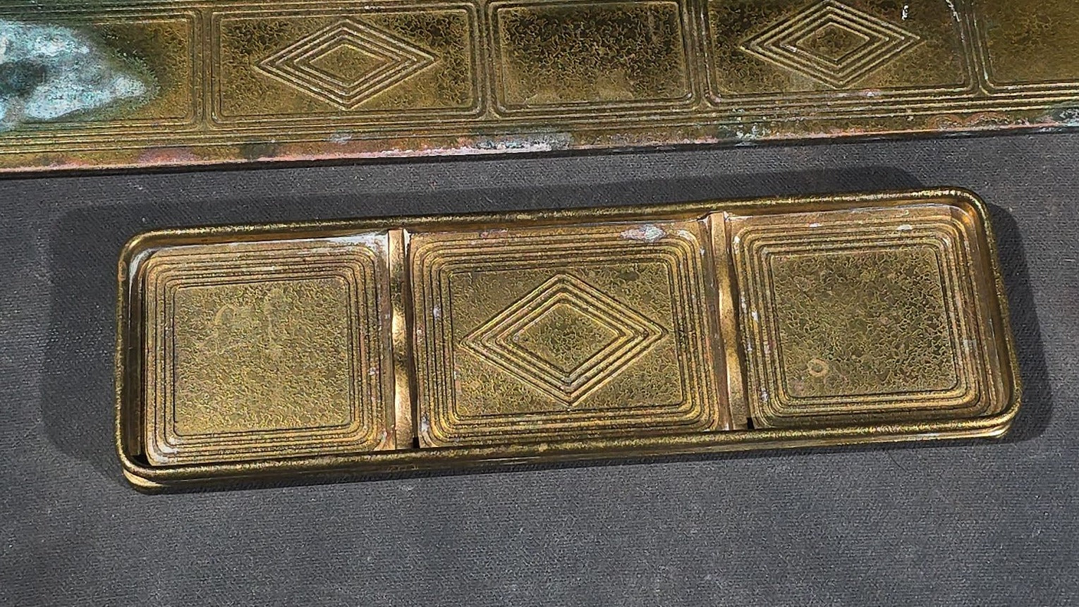 Trio of Antique Tiffany Studios New York Bronze Doré Desk Accessories including Two Blotter Ends and a Pen Tray, Graduate Pattern No. 1798 and No. 1796