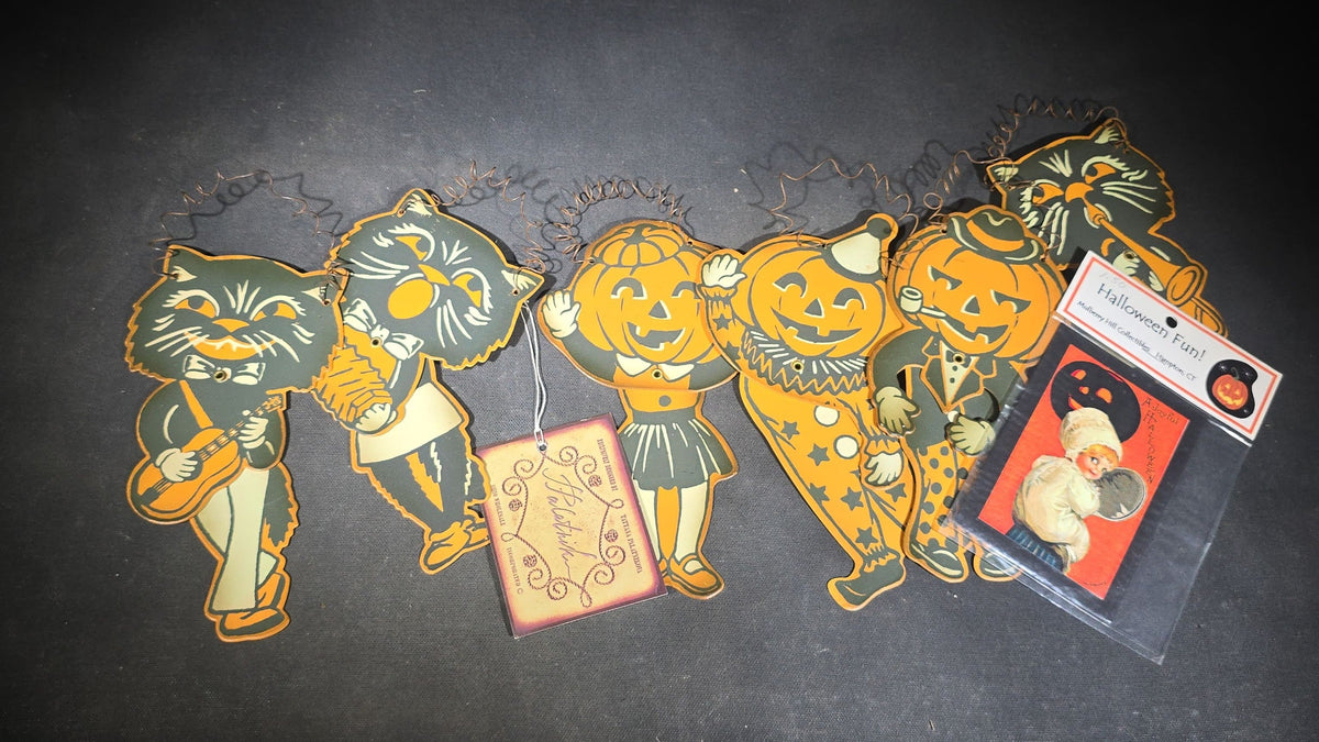 Grouping of Seven Modern Halloween Items including Six Retro-Style Jointed Metal Black Cat and Jack-O-Lantern Figures, Designed by Tatyana Palatnikova for Ohio Wholesale Inc., and "A Joyful Halloween" Reproduction Print
