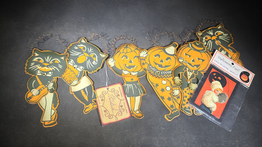 Grouping of Seven Modern Halloween Items including Six Retro-Style Jointed Metal Black Cat and Jack-O-Lantern Figures, Designed by Tatyana Palatnikova for Ohio Wholesale Inc., and "A Joyful Halloween" Reproduction Print