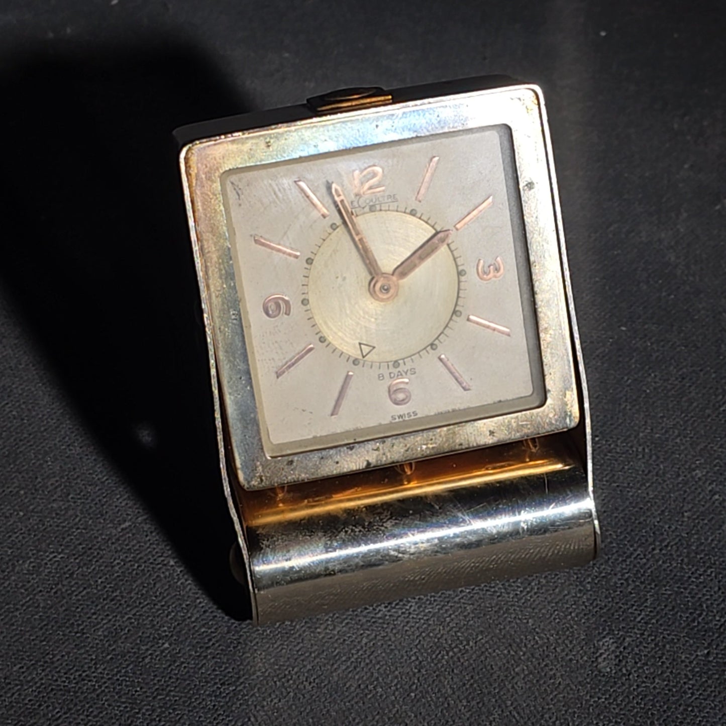 Vintage LeCoultre Eight-Day Folding Travel Alarm Clock with Luminous Hands and Dial Markers, Swiss Made