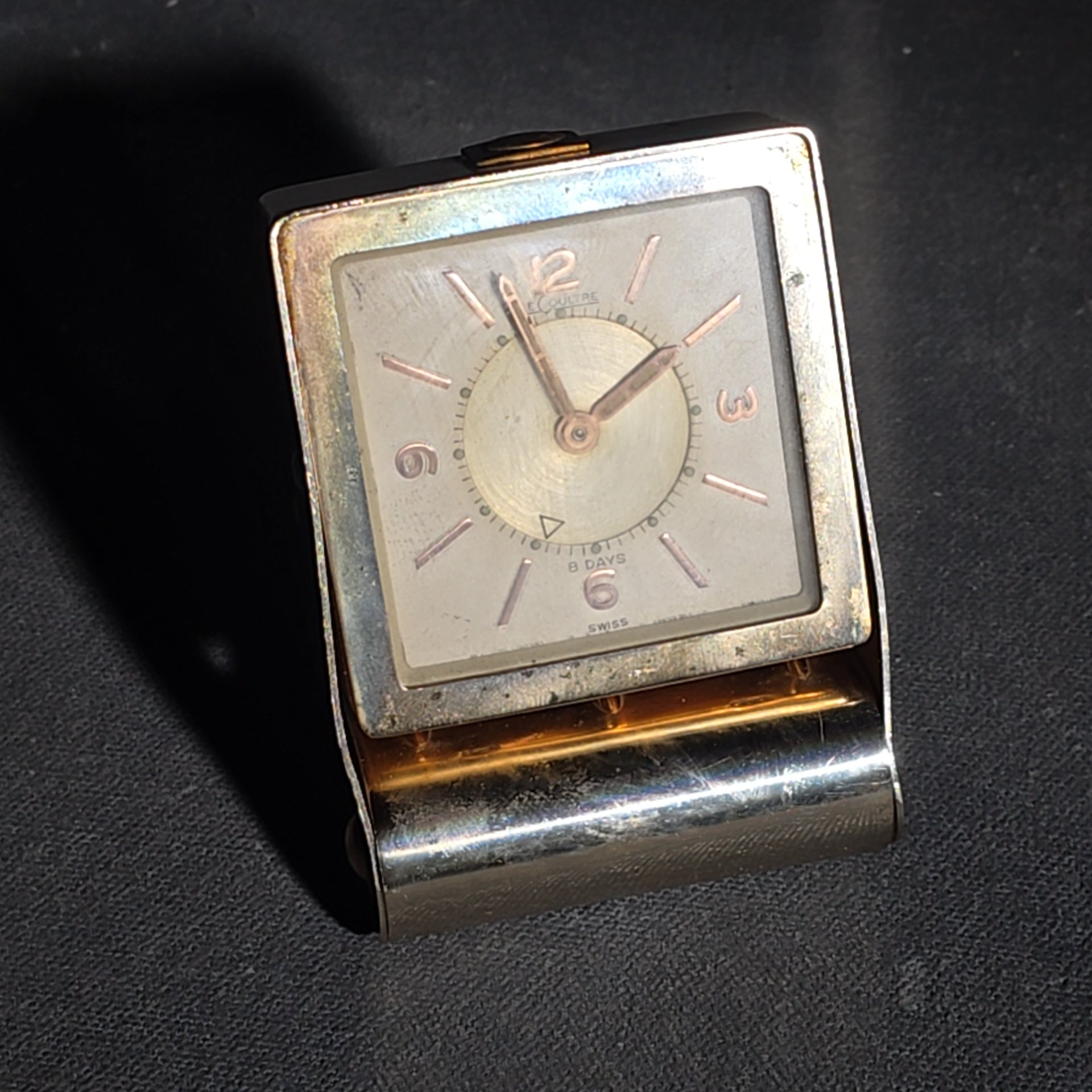 Vintage LeCoultre Eight-Day Folding Travel Alarm Clock with Luminous Hands and Dial Markers, Swiss Made