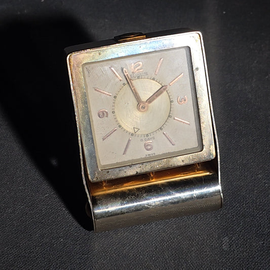 Vintage LeCoultre Eight-Day Folding Travel Alarm Clock with Luminous Hands and Dial Markers, Swiss Made