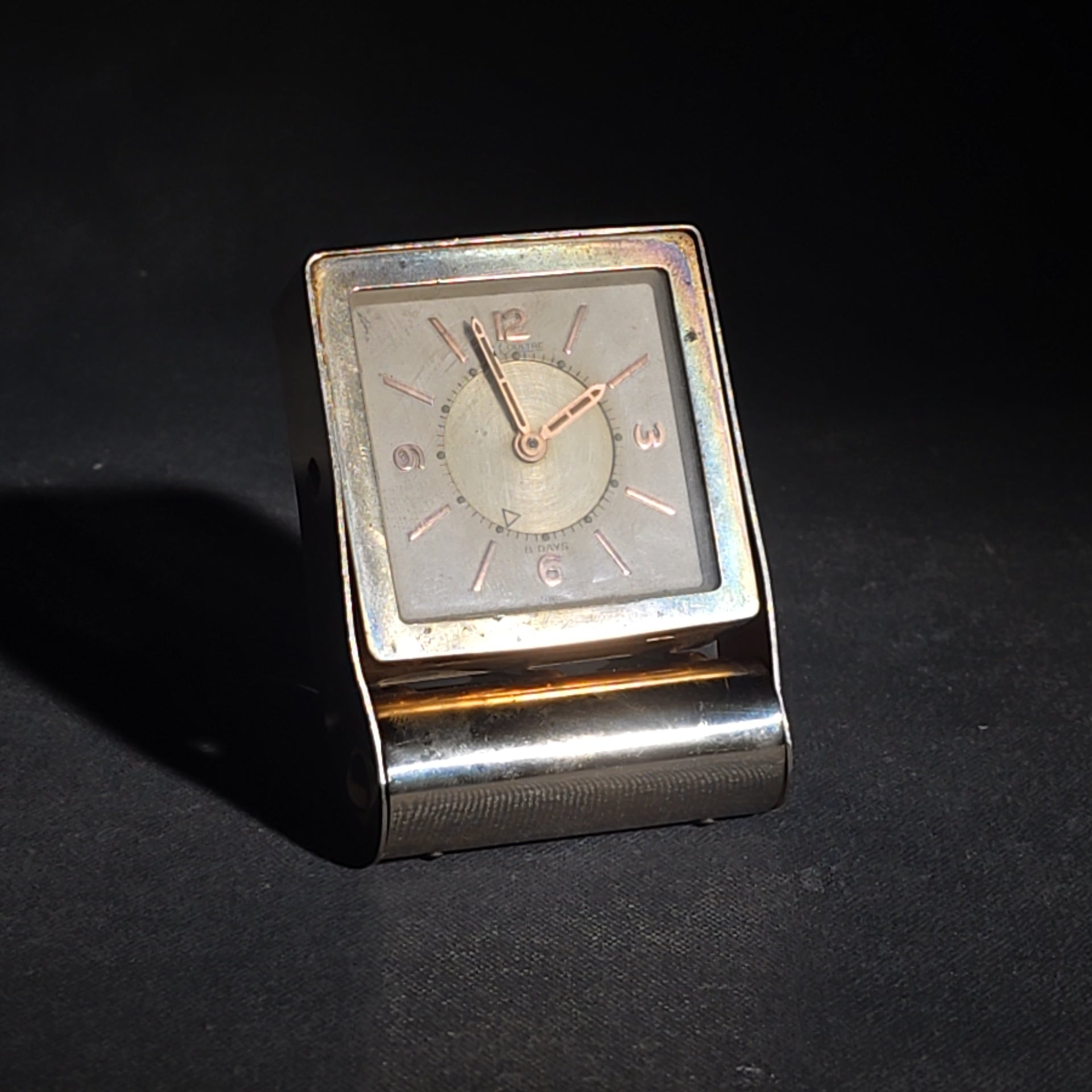 Vintage LeCoultre Eight-Day Folding Travel Alarm Clock with Luminous Hands and Dial Markers, Swiss Made