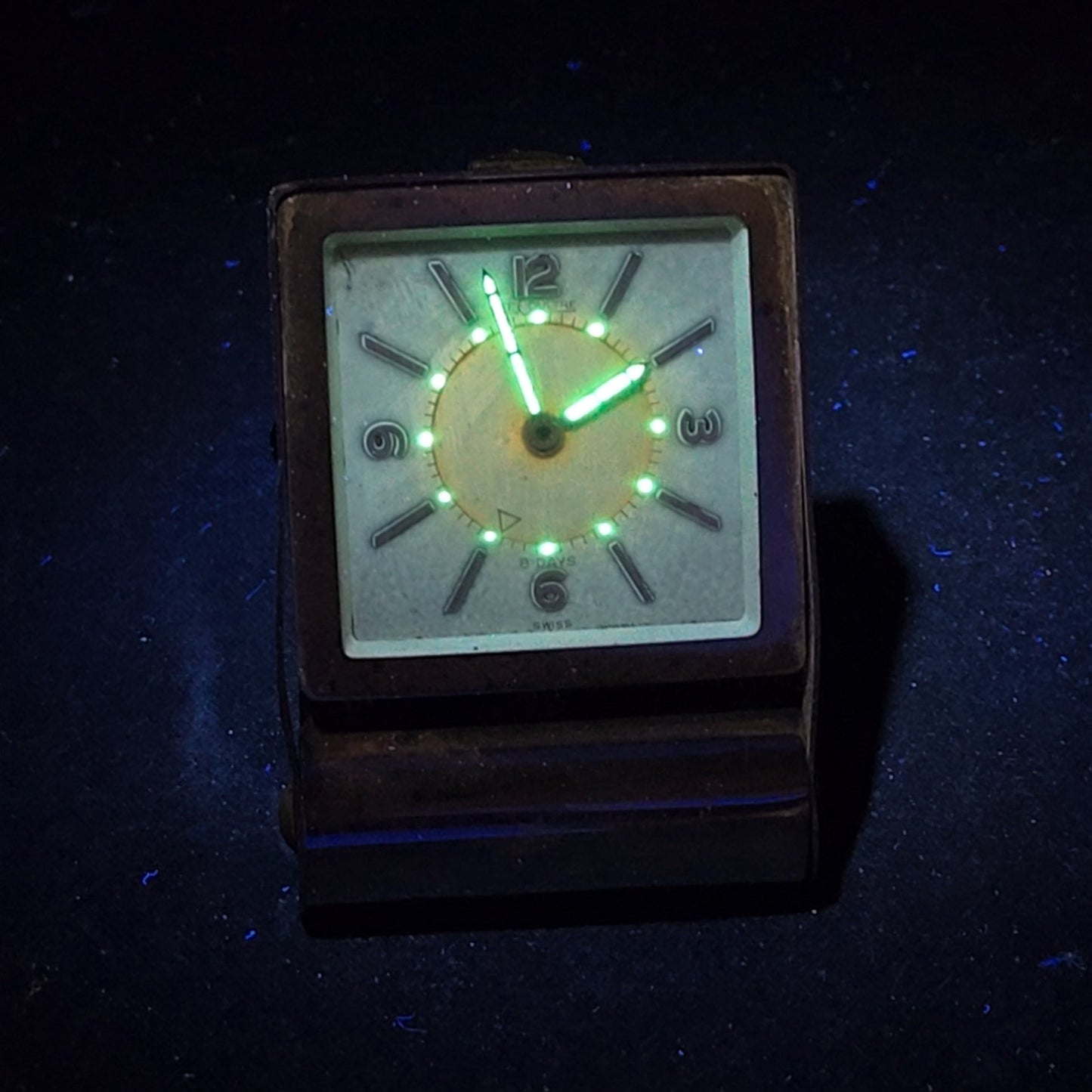 Vintage LeCoultre Eight-Day Folding Travel Alarm Clock with Luminous Hands and Dial Markers, Swiss Made