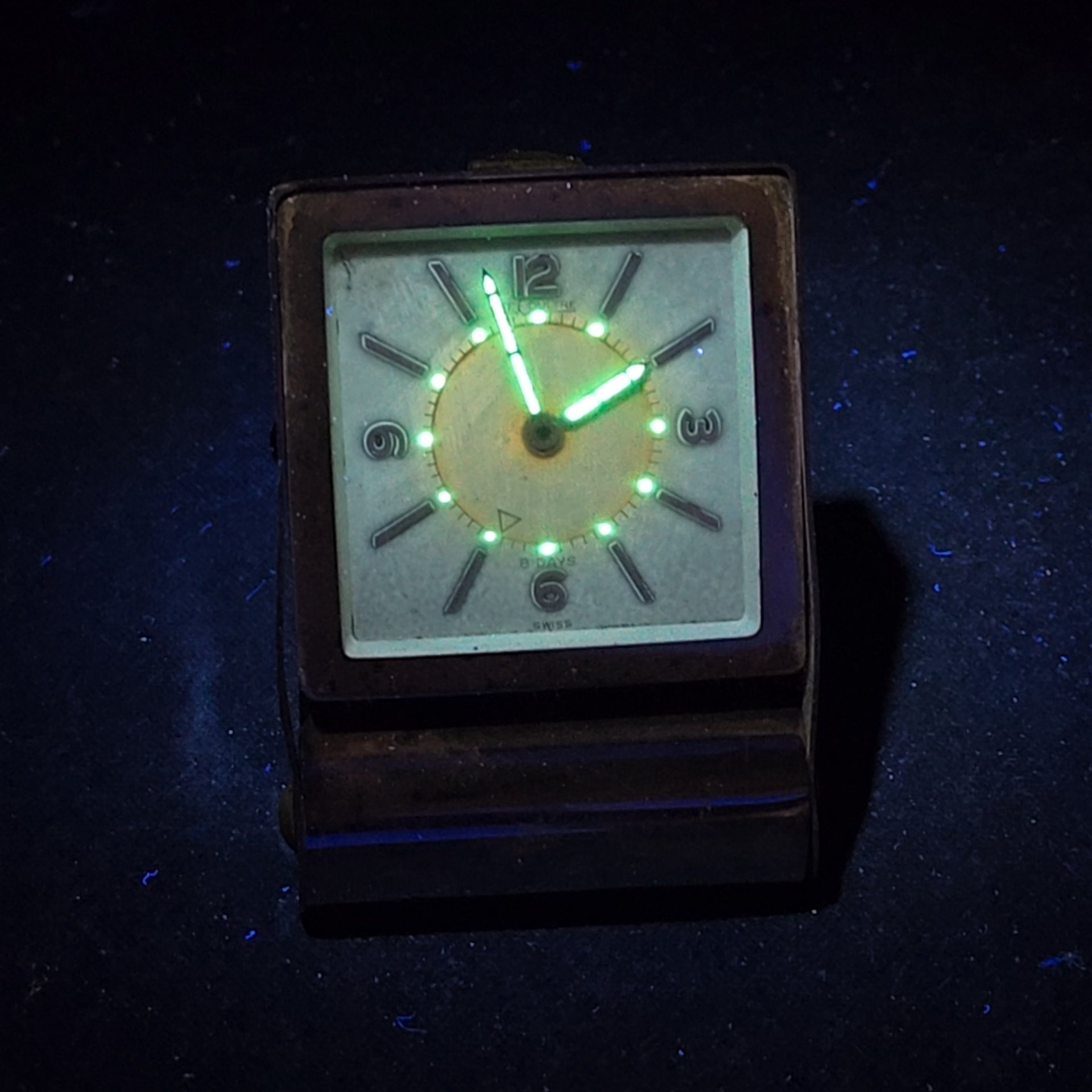 Vintage LeCoultre Eight-Day Folding Travel Alarm Clock with Luminous Hands and Dial Markers, Swiss Made