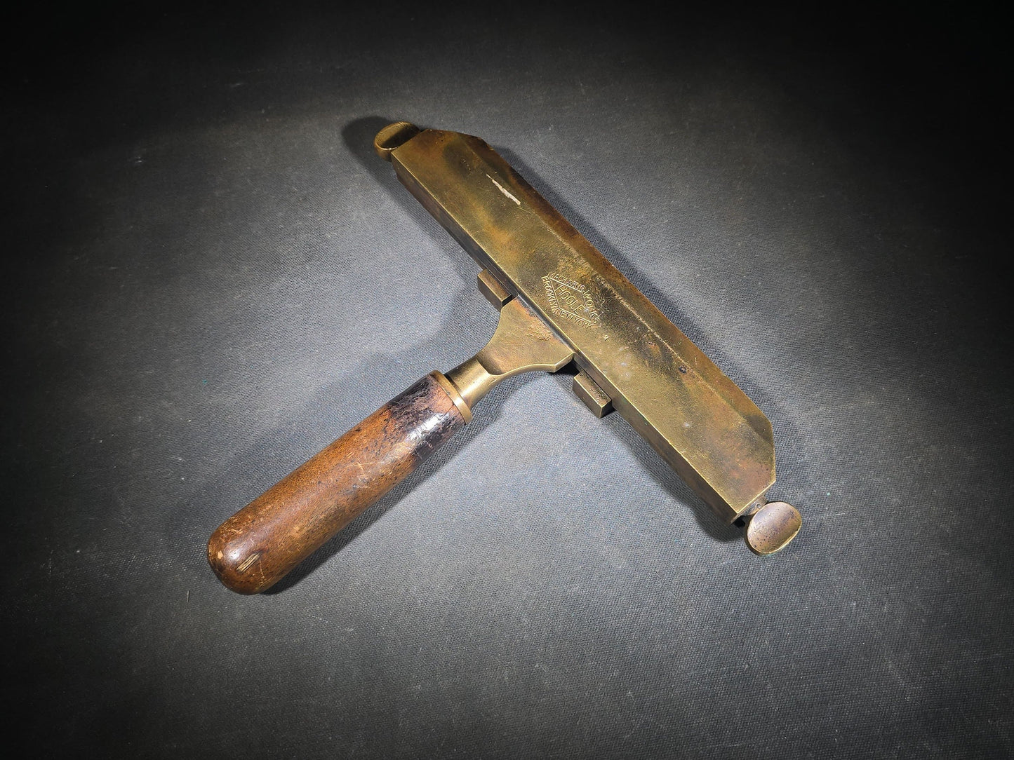 Antique Brass Bookbinding Type Holder with Wood Handle, Manufactured by Hoole Machine & Engineering Works, Brooklyn, New York