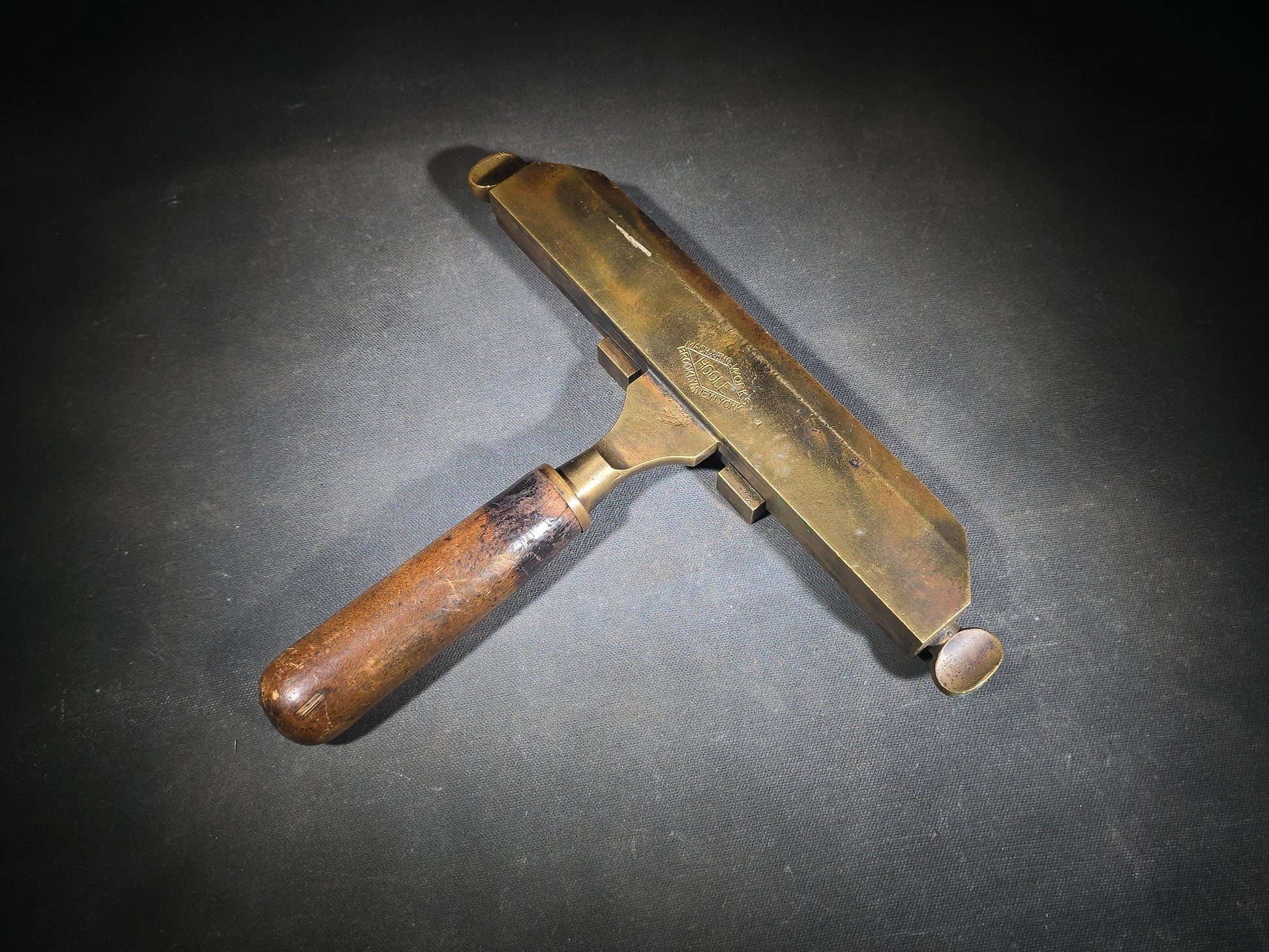 Antique Brass Bookbinding Type Holder with Wood Handle, Manufactured by Hoole Machine & Engineering Works, Brooklyn, New York