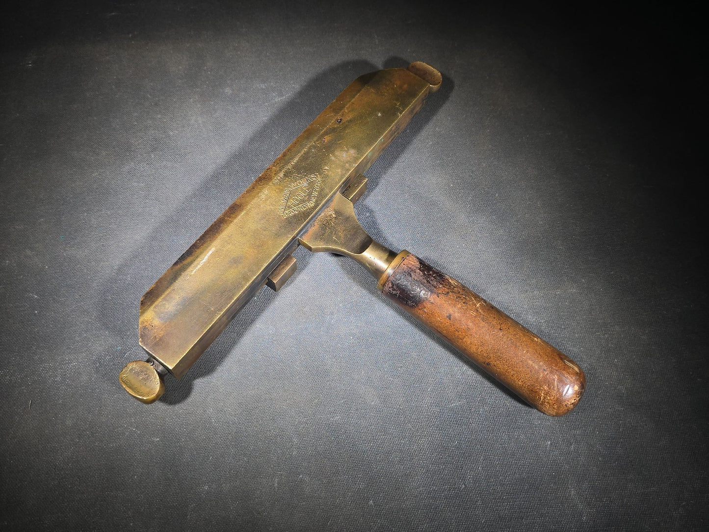 Antique Brass Bookbinding Type Holder with Wood Handle, Manufactured by Hoole Machine & Engineering Works, Brooklyn, New York
