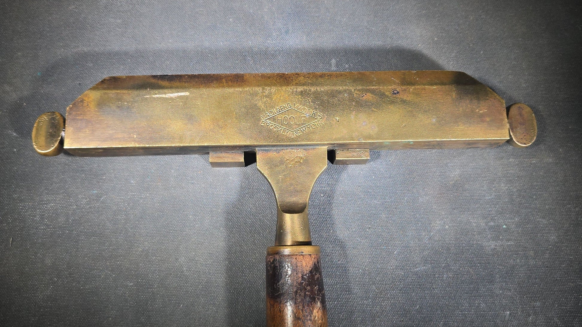 Antique Brass Bookbinding Type Holder with Wood Handle, Manufactured by Hoole Machine & Engineering Works, Brooklyn, New York