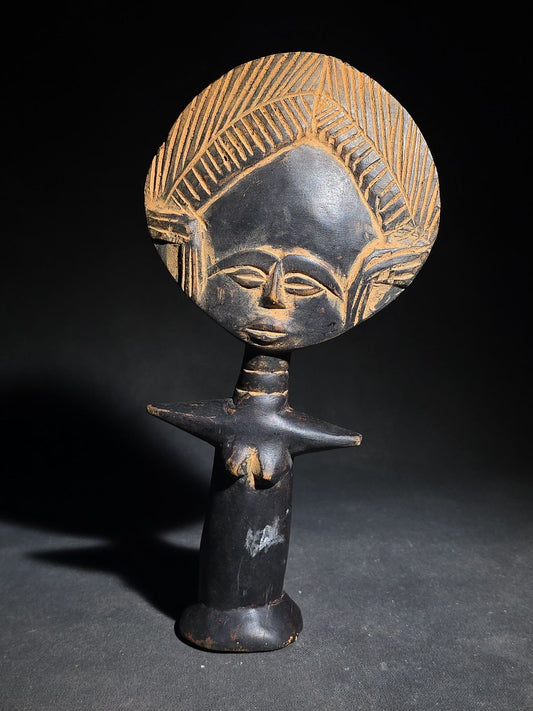 Vintage Carved Wood Ashanti Akua'ba Fertility Figure with Disc-Shaped Head and Incised Geometric Designs, Ghana