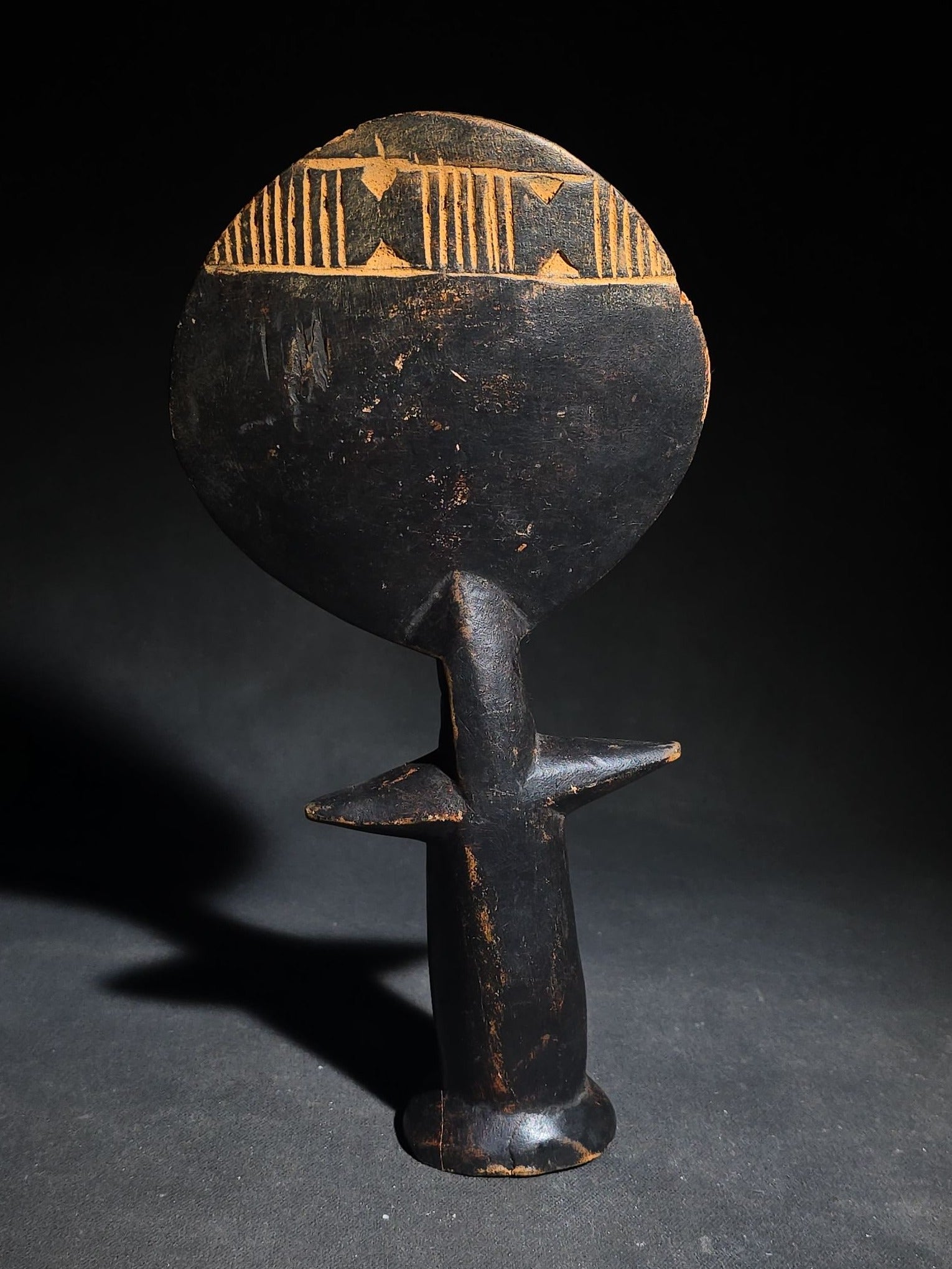 Vintage Carved Wood Ashanti Akua'ba Fertility Figure with Disc-Shaped Head and Incised Geometric Designs, Ghana
