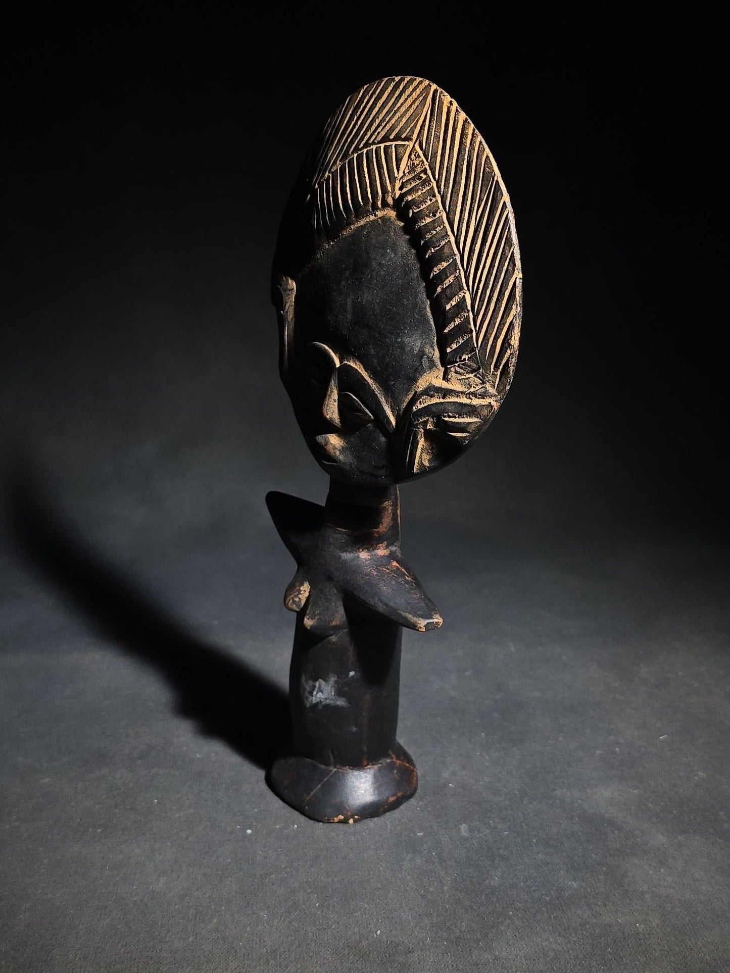 Vintage Carved Wood Ashanti Akua'ba Fertility Figure with Disc-Shaped Head and Incised Geometric Designs, Ghana