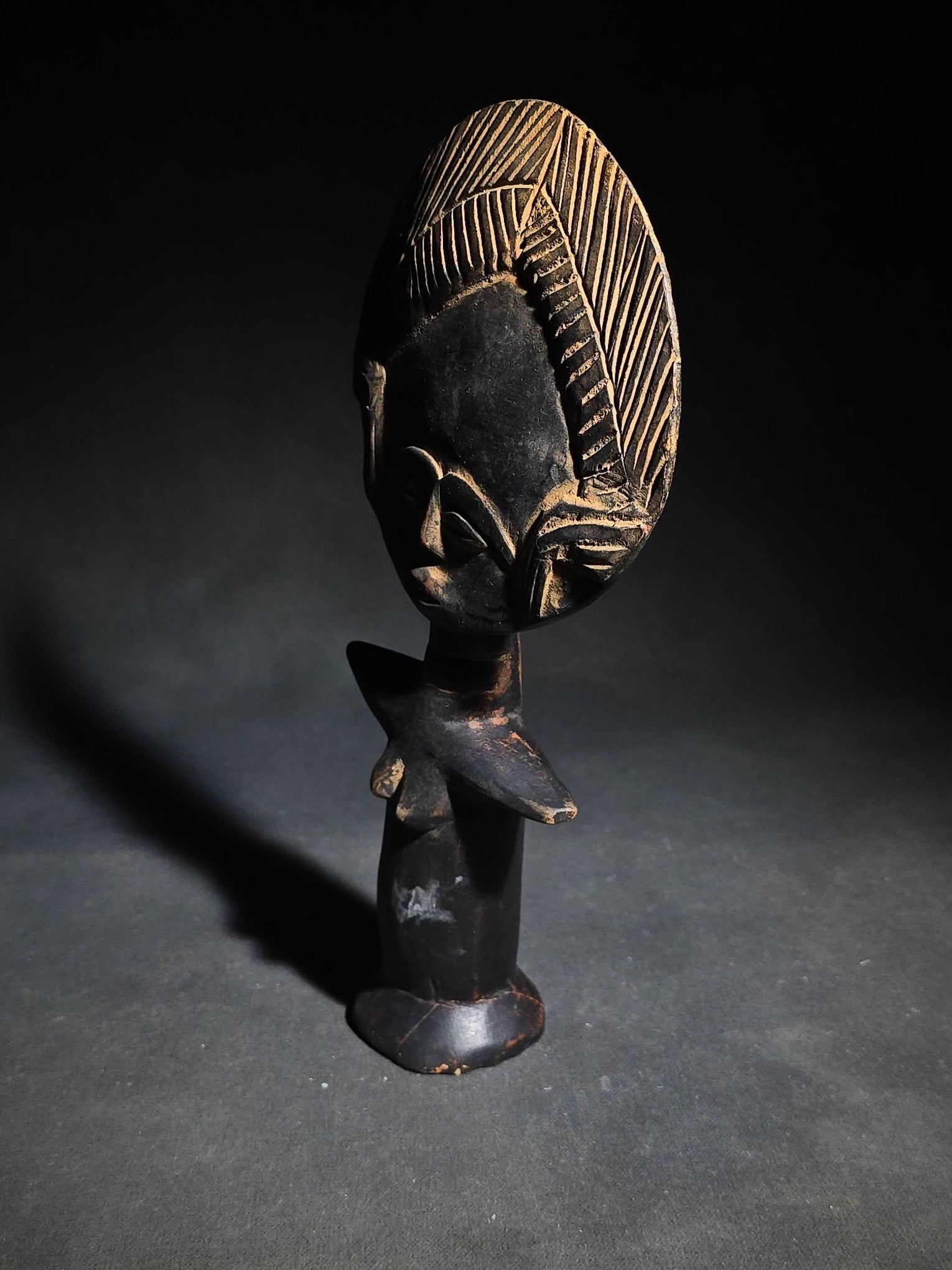 Vintage Carved Wood Ashanti Akua'ba Fertility Figure with Disc-Shaped Head and Incised Geometric Designs, Ghana