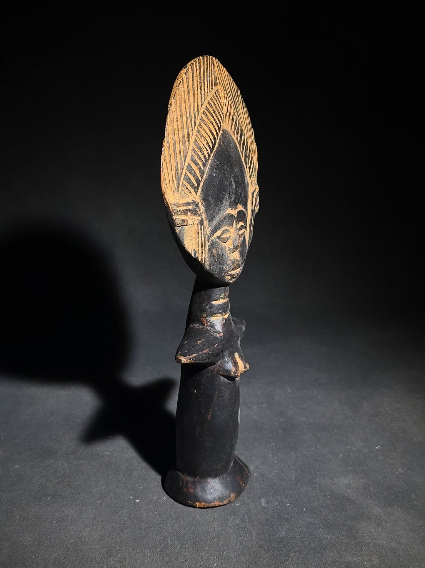 Vintage Carved Wood Ashanti Akua'ba Fertility Figure with Disc-Shaped Head and Incised Geometric Designs, Ghana