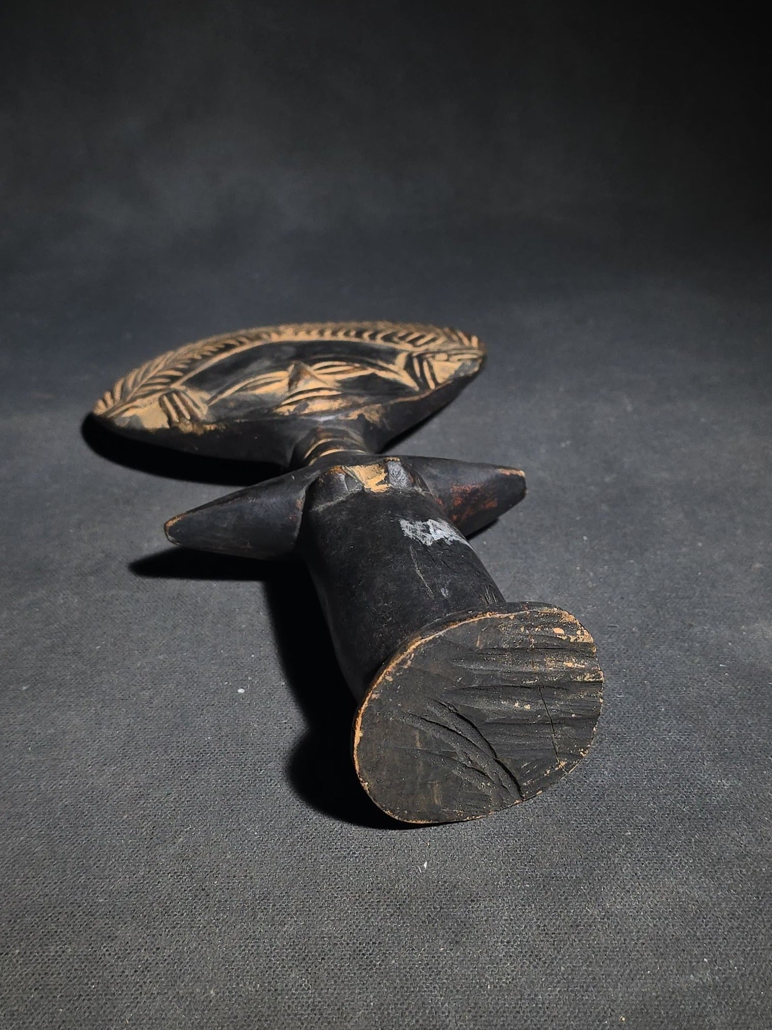 Vintage Carved Wood Ashanti Akua'ba Fertility Figure with Disc-Shaped Head and Incised Geometric Designs, Ghana