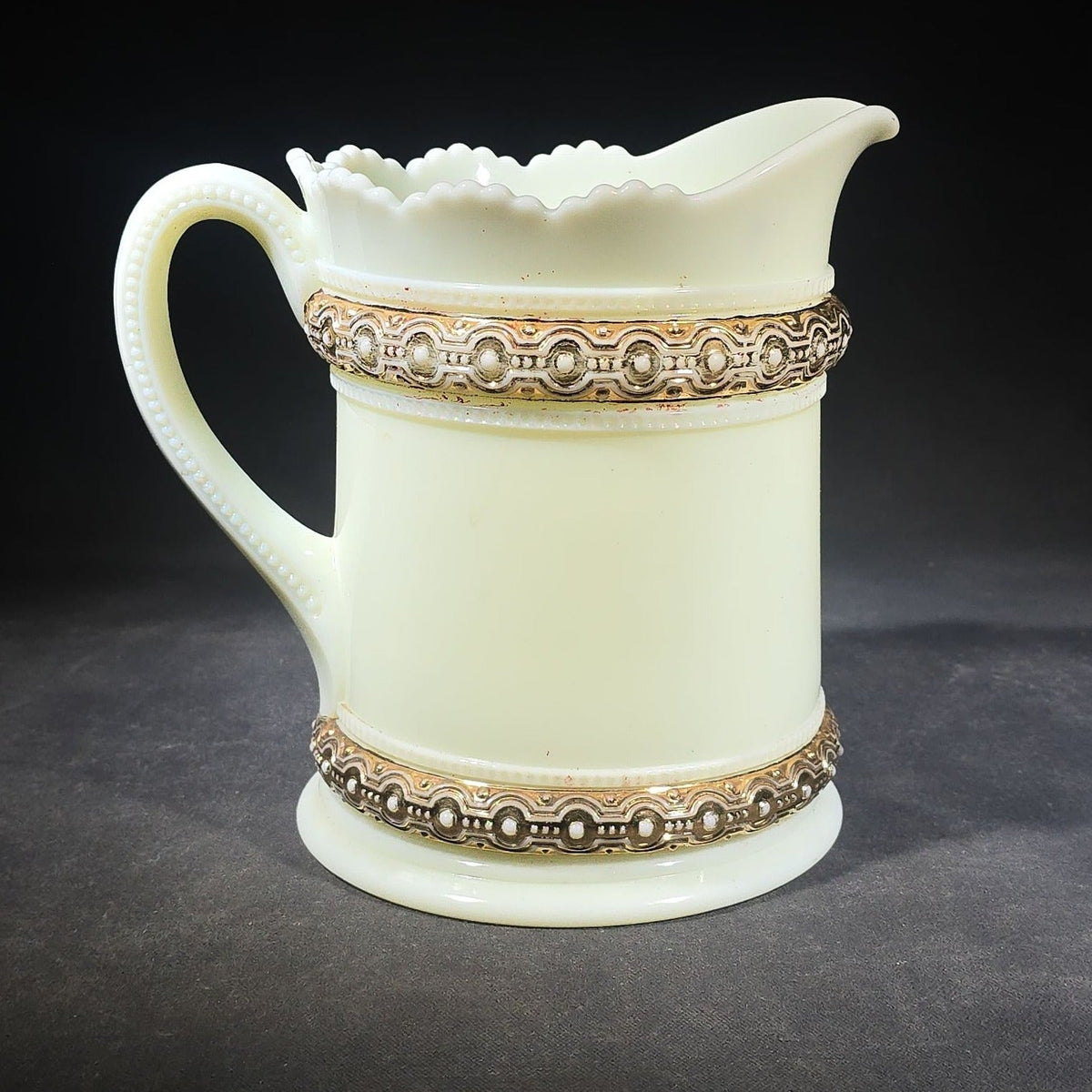 Antique Heisey No. 300 Ring Band Custard Glass Pitcher with Gold Decoration, UV Reactive, Note Cracks