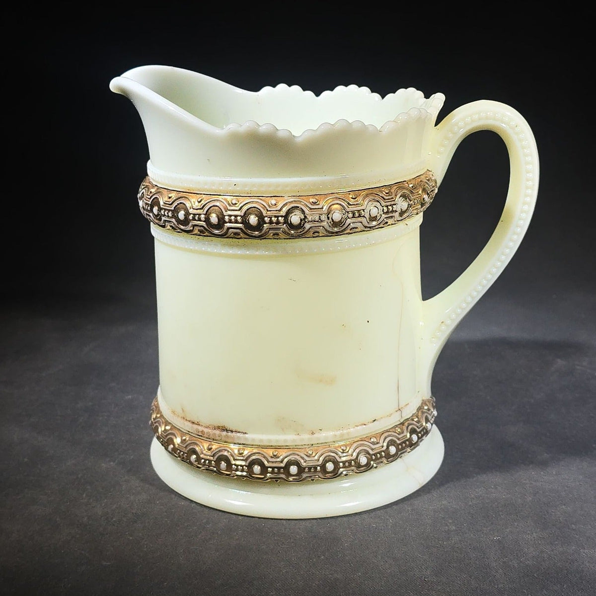 Antique Heisey No. 300 Ring Band Custard Glass Pitcher with Gold Decoration, UV Reactive, Note Cracks