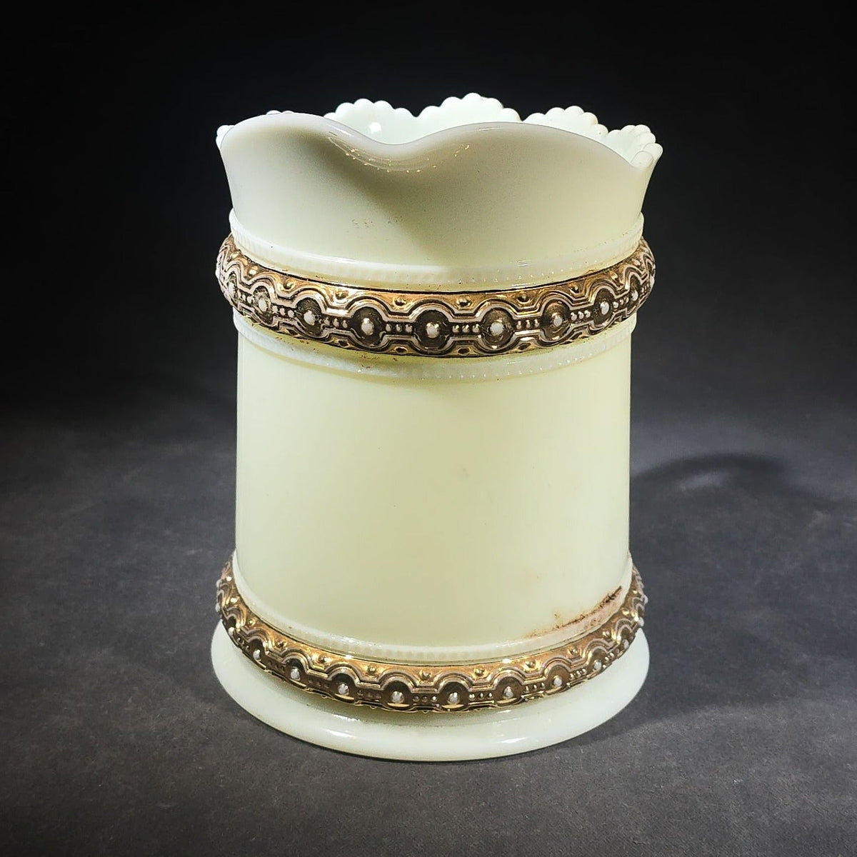 Antique Heisey No. 300 Ring Band Custard Glass Pitcher with Gold Decoration, UV Reactive, Note Cracks