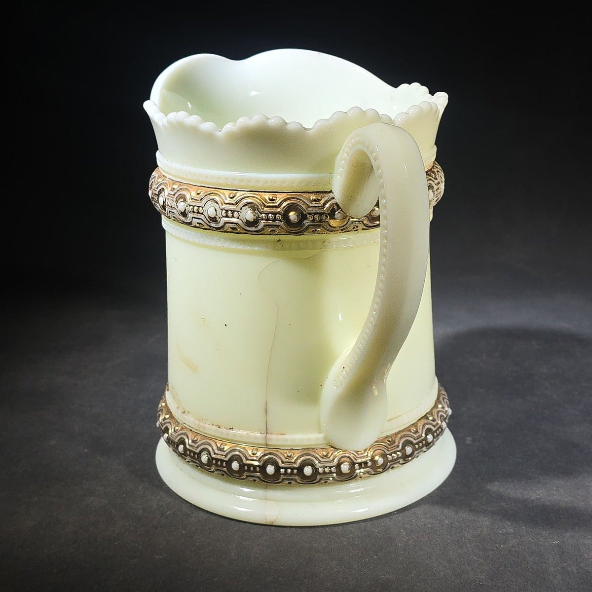 Antique Heisey No. 300 Ring Band Custard Glass Pitcher with Gold Decoration, UV Reactive, Note Cracks