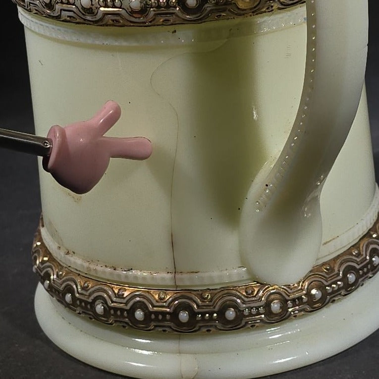 Antique Heisey No. 300 Ring Band Custard Glass Pitcher with Gold Decoration, UV Reactive, Note Cracks