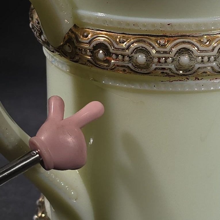 Antique Heisey No. 300 Ring Band Custard Glass Pitcher with Gold Decoration, UV Reactive, Note Cracks