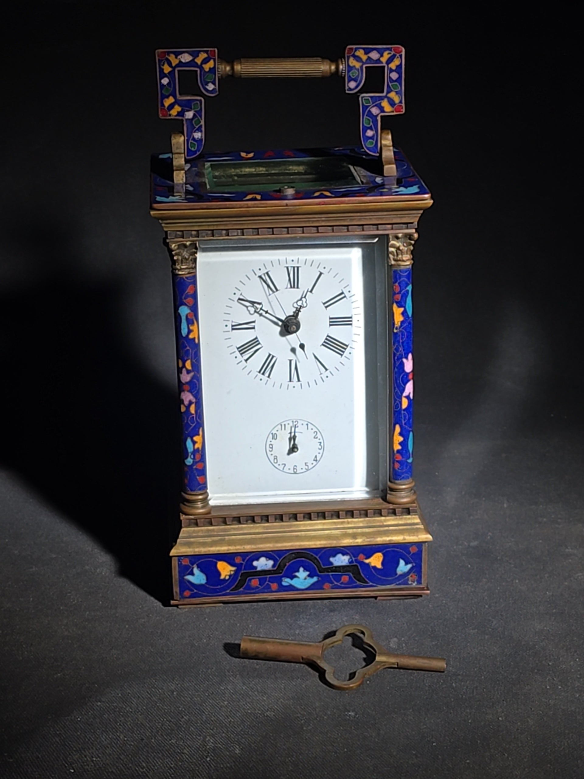 Vintage Brass and Champlevé Enamel Carriage Clock with Repeater and Alarm, Cobalt Blue Enamel Panels, Porcelain Roman Numeral Dial, and Key