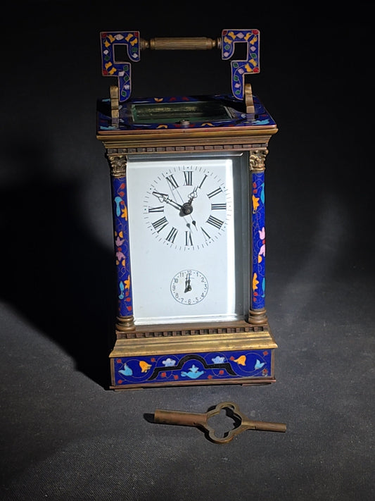 Vintage Brass and Champlevé Enamel Carriage Clock with Repeater and Alarm, Cobalt Blue Enamel Panels, Porcelain Roman Numeral Dial, and Key