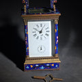 Lot 109 - Vintage Brass and Champlevé Enamel Carriage Clock with Repeater and Alarm, Cobalt Blue Enamel Panels, Porcelain Roman Numeral Dial, and Key, 8-1/4" H