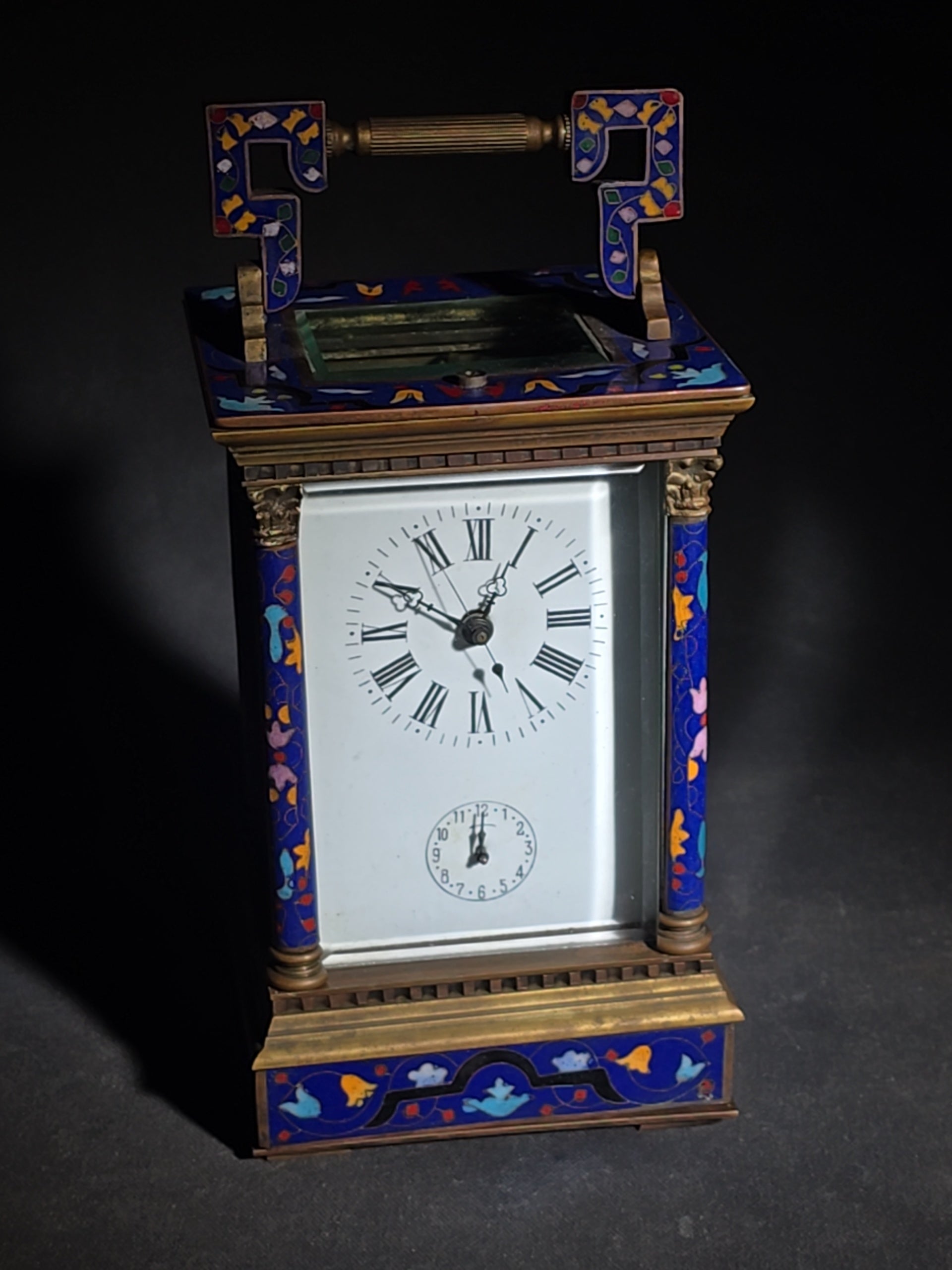 Vintage Brass and Champlevé Enamel Carriage Clock with Repeater and Alarm, Cobalt Blue Enamel Panels, Porcelain Roman Numeral Dial, and Key
