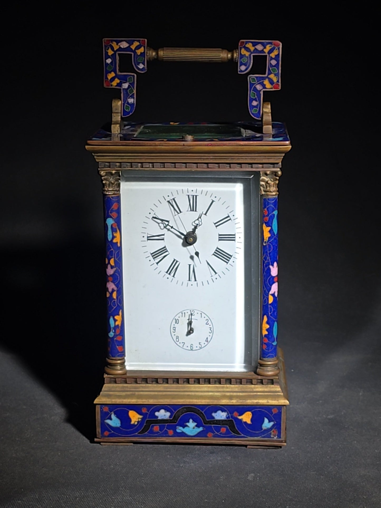 Vintage Brass and Champlevé Enamel Carriage Clock with Repeater and Alarm, Cobalt Blue Enamel Panels, Porcelain Roman Numeral Dial, and Key