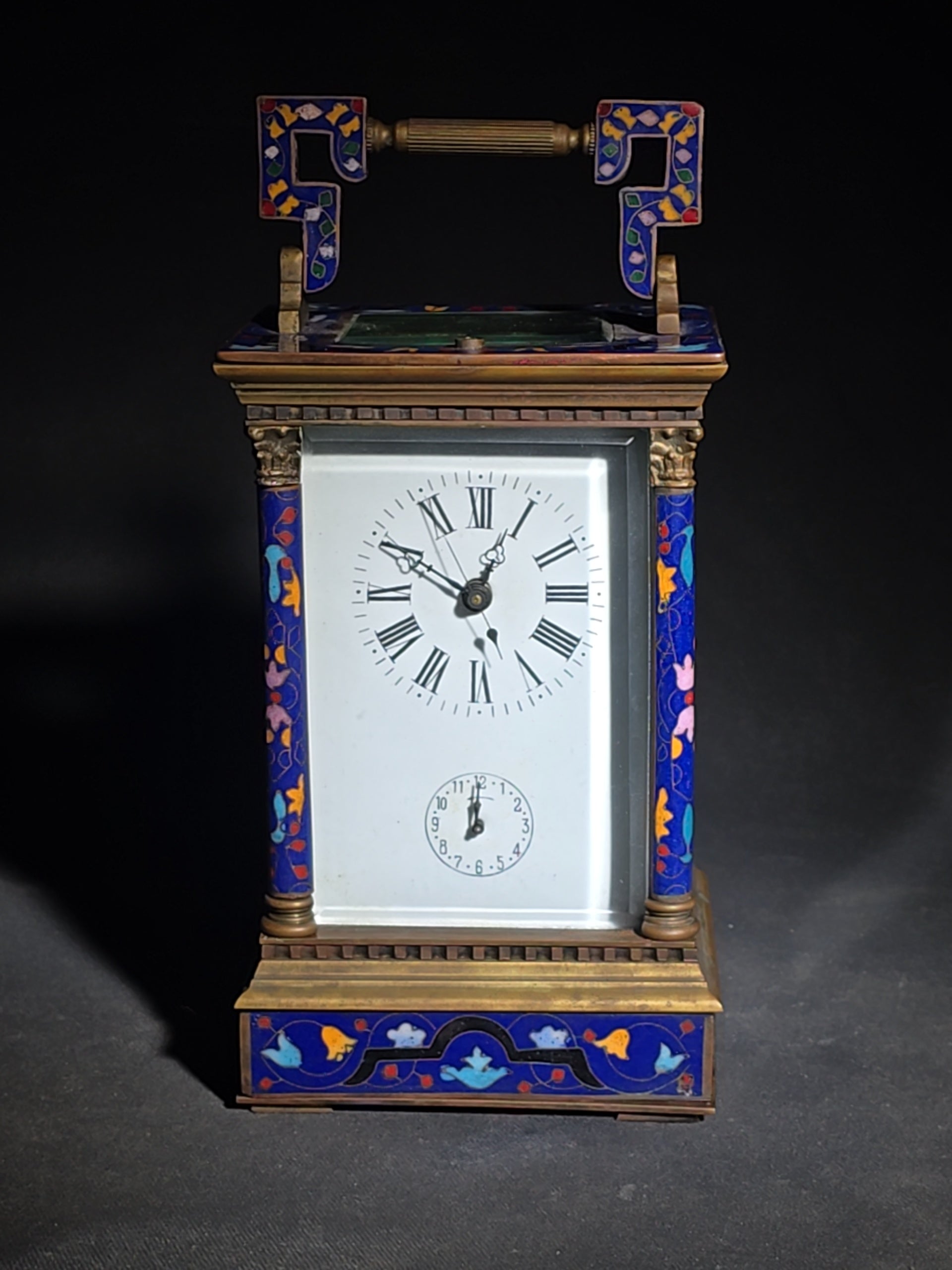 Vintage Brass and Champlevé Enamel Carriage Clock with Repeater and Alarm, Cobalt Blue Enamel Panels, Porcelain Roman Numeral Dial, and Key