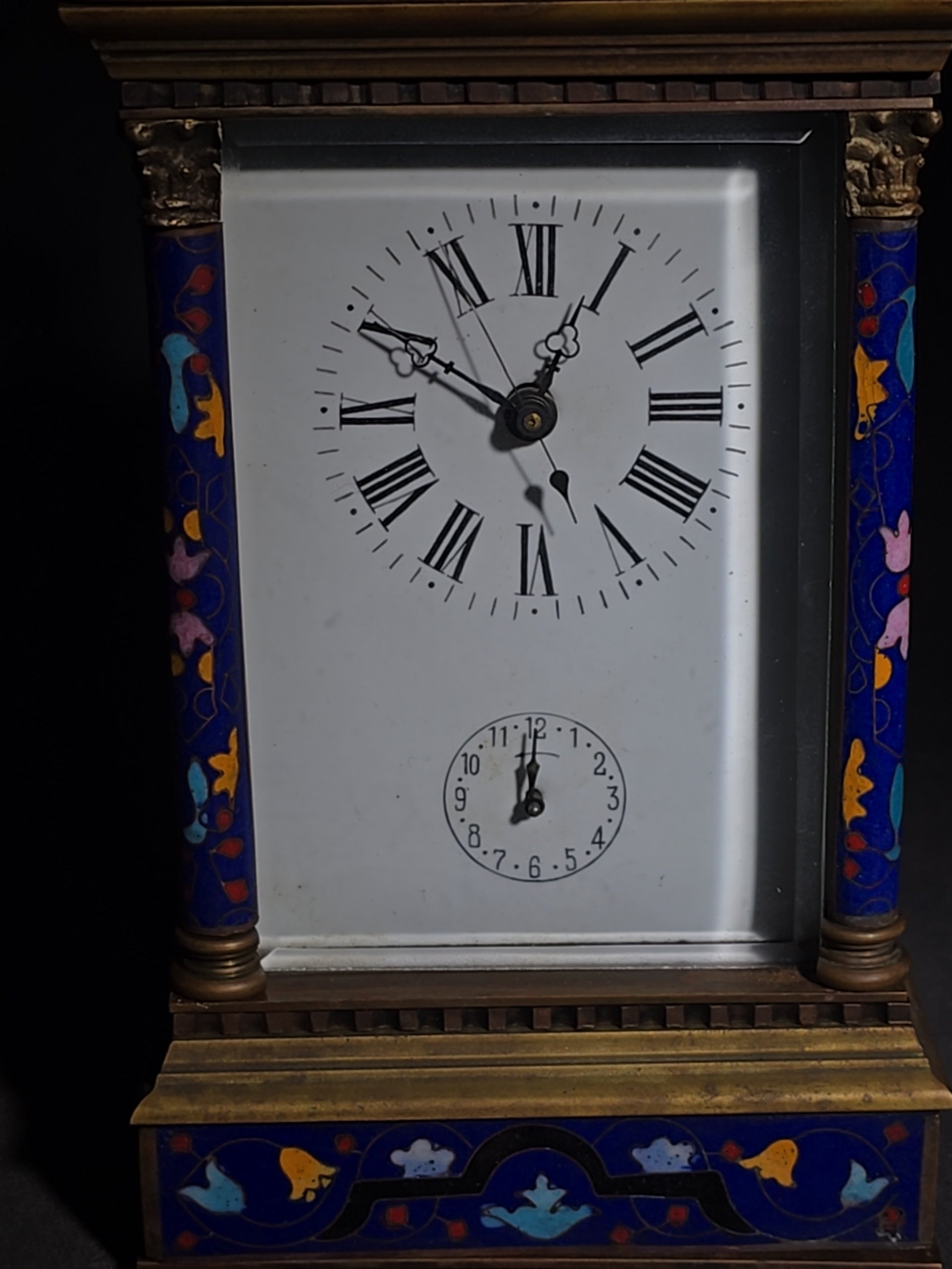 Vintage Brass and Champlevé Enamel Carriage Clock with Repeater and Alarm, Cobalt Blue Enamel Panels, Porcelain Roman Numeral Dial, and Key