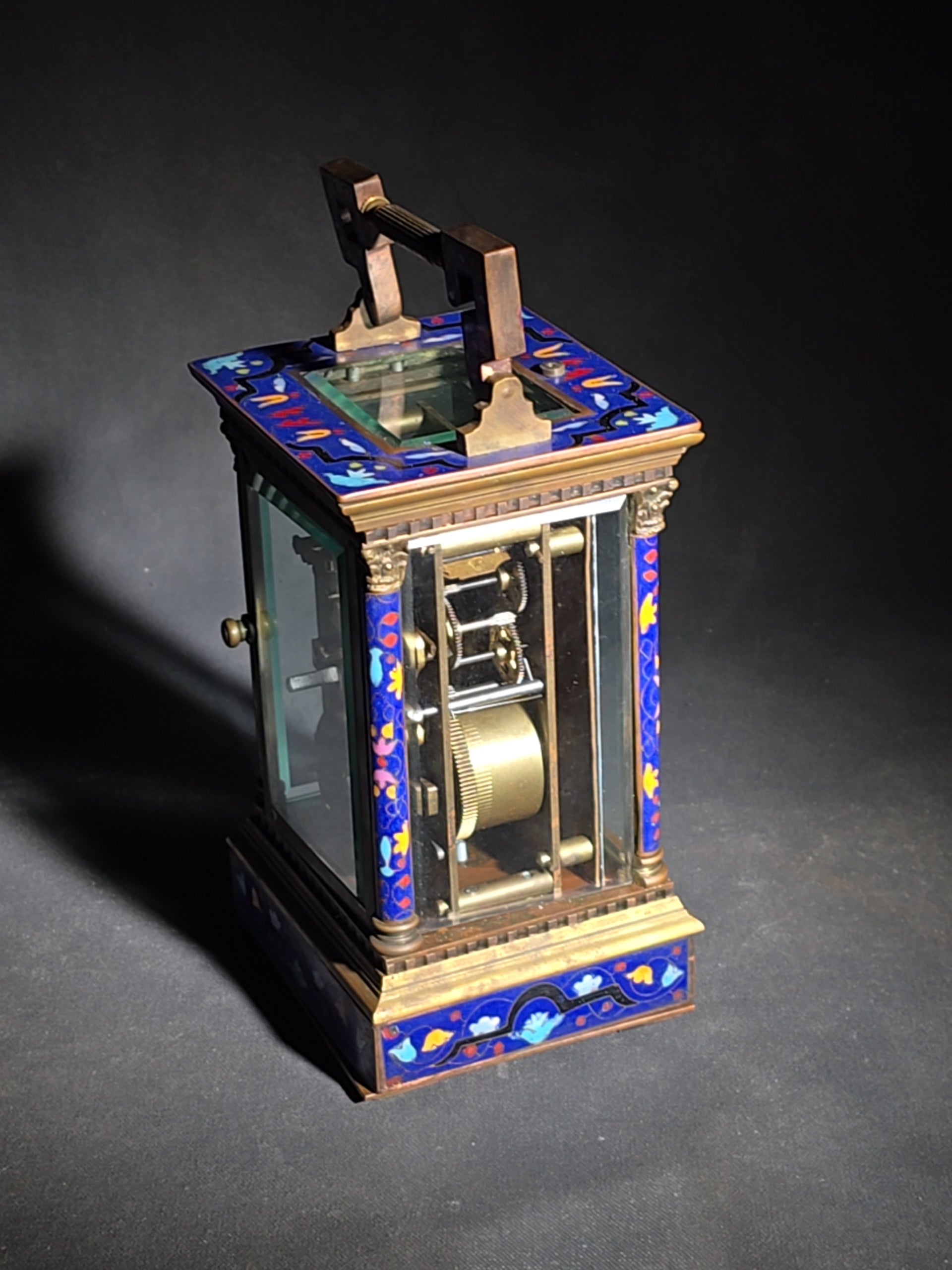 Vintage Brass and Champlevé Enamel Carriage Clock with Repeater and Alarm, Cobalt Blue Enamel Panels, Porcelain Roman Numeral Dial, and Key