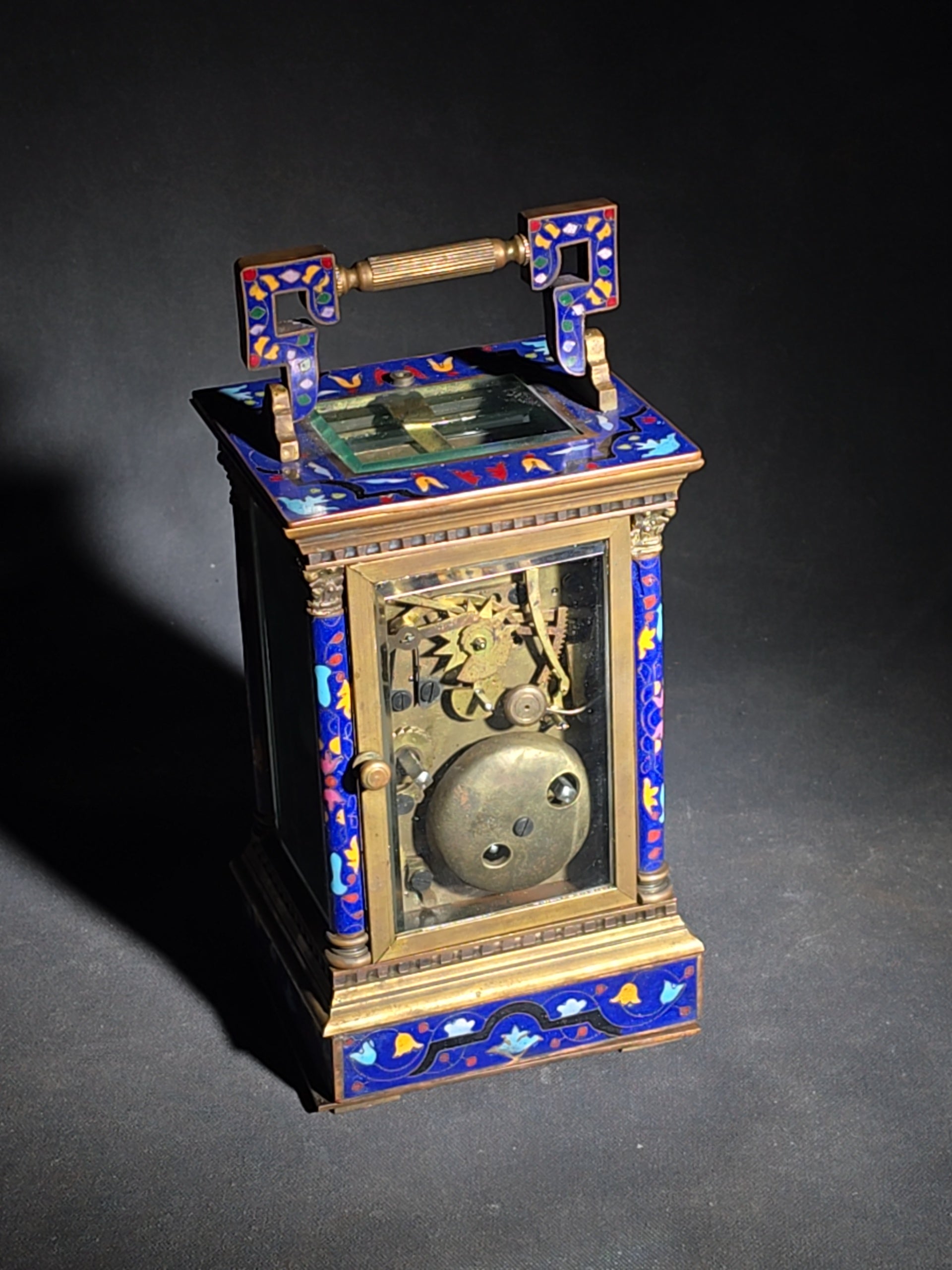 Vintage Brass and Champlevé Enamel Carriage Clock with Repeater and Alarm, Cobalt Blue Enamel Panels, Porcelain Roman Numeral Dial, and Key