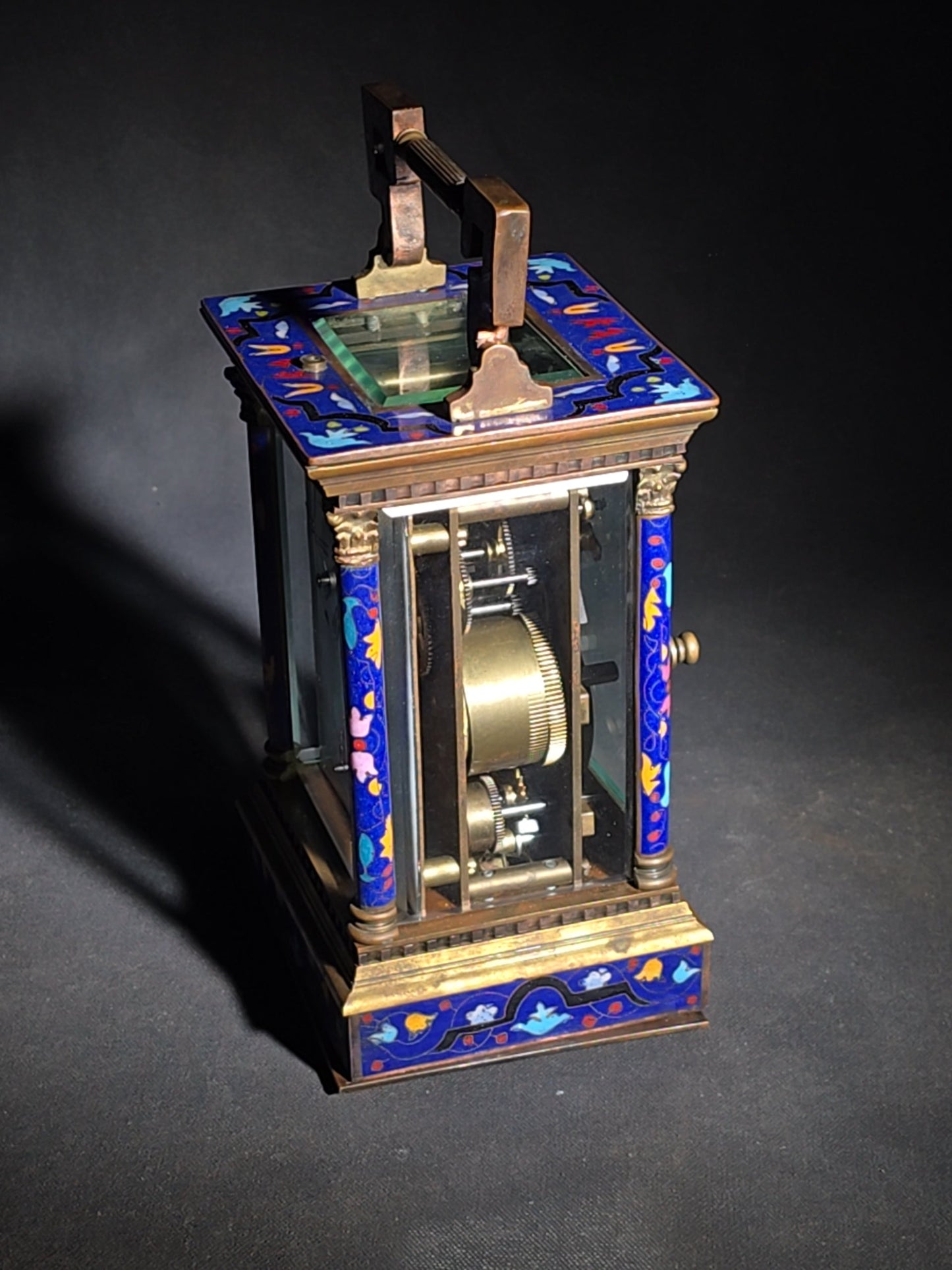 Vintage Brass and Champlevé Enamel Carriage Clock with Repeater and Alarm, Cobalt Blue Enamel Panels, Porcelain Roman Numeral Dial, and Key