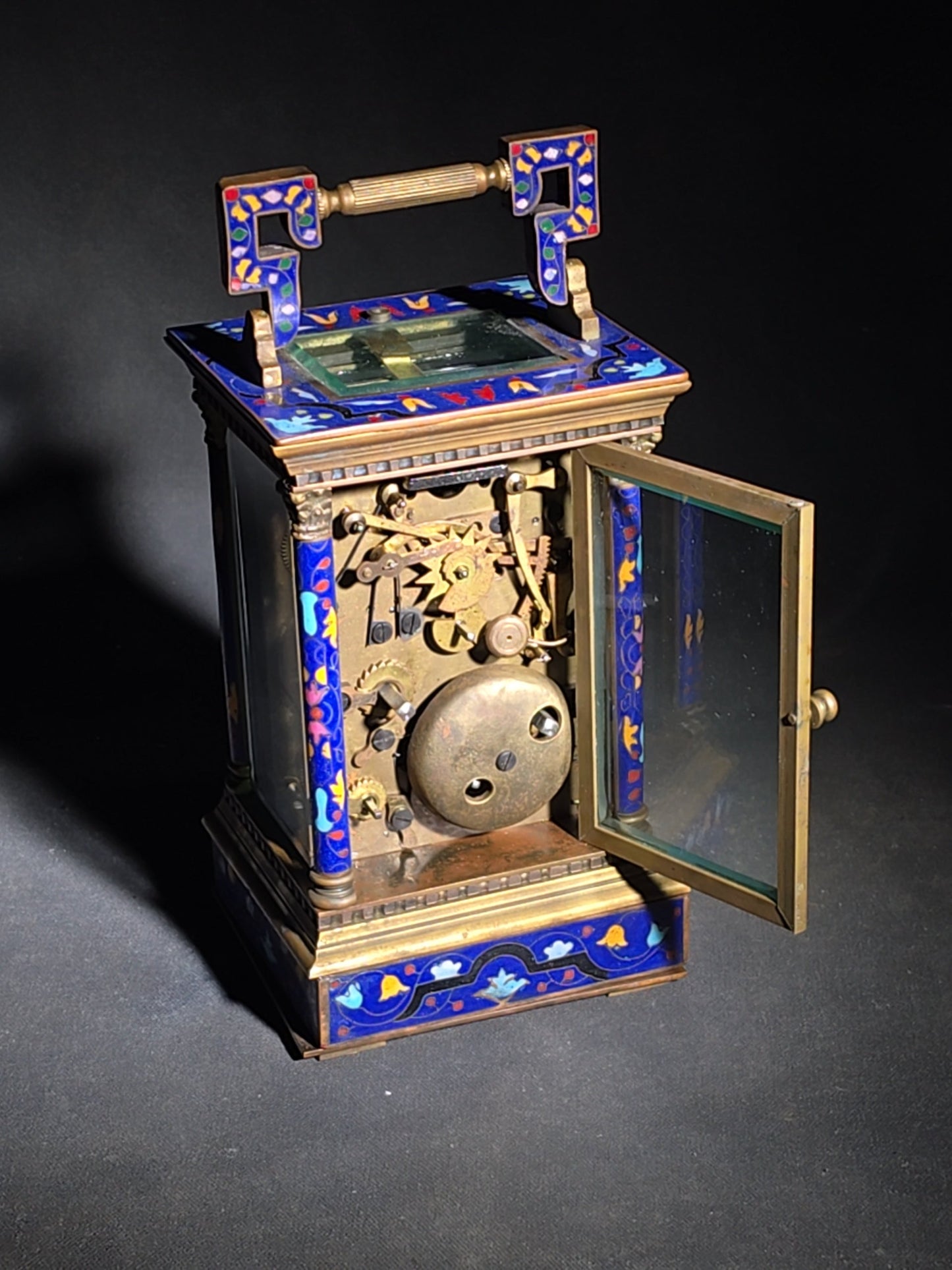 Vintage Brass and Champlevé Enamel Carriage Clock with Repeater and Alarm, Cobalt Blue Enamel Panels, Porcelain Roman Numeral Dial, and Key