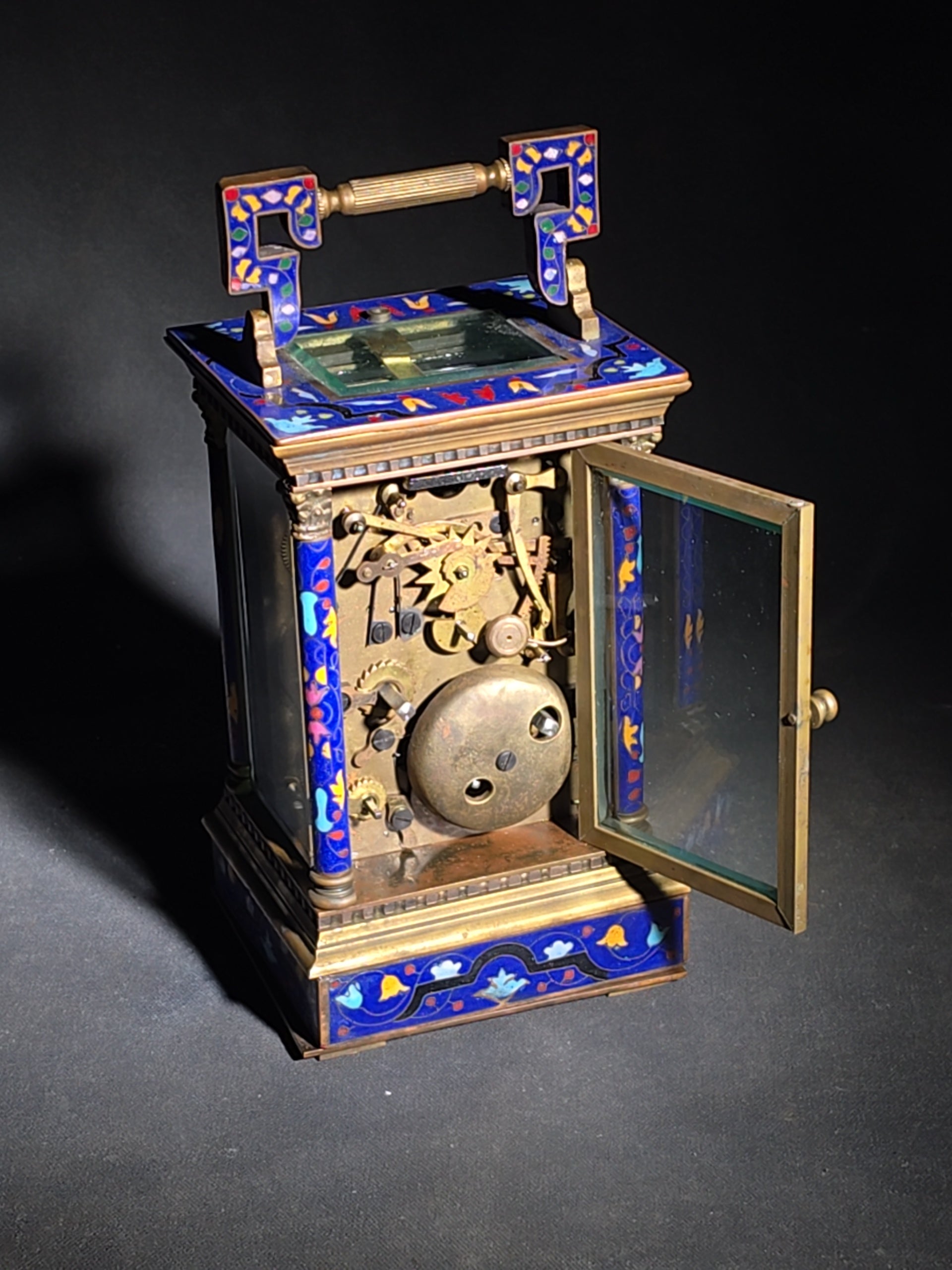 Vintage Brass and Champlevé Enamel Carriage Clock with Repeater and Alarm, Cobalt Blue Enamel Panels, Porcelain Roman Numeral Dial, and Key