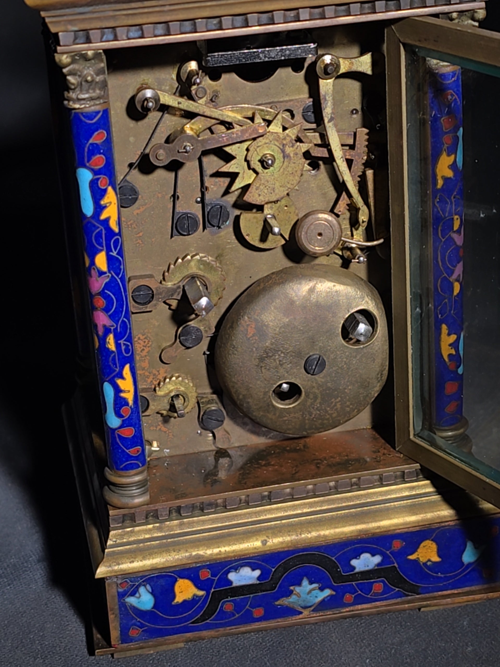 Vintage Brass and Champlevé Enamel Carriage Clock with Repeater and Alarm, Cobalt Blue Enamel Panels, Porcelain Roman Numeral Dial, and Key