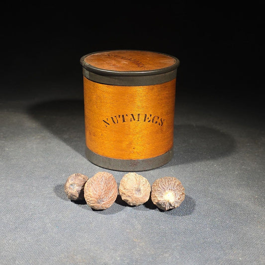 Antique Stenciled Wooden Nutmeg Canister with Metal Bands and Lid, Containing Four Whole Nutmegs