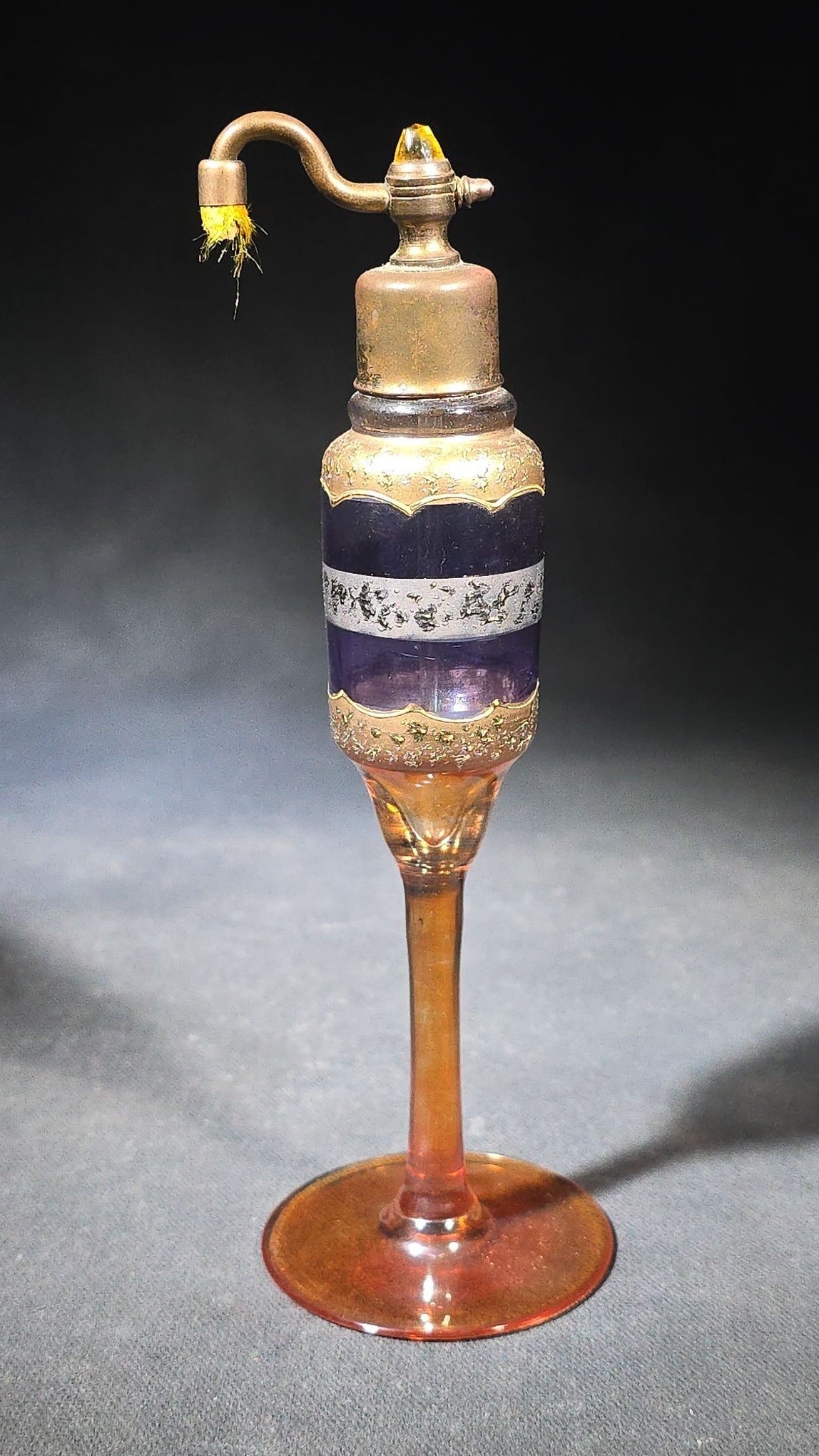 Vintage Pedestal Glass Perfume Atomizer with Gold and Silver Banding and Cobalt Blue Enamel, Marked "Made in Czecho-Slovakia"