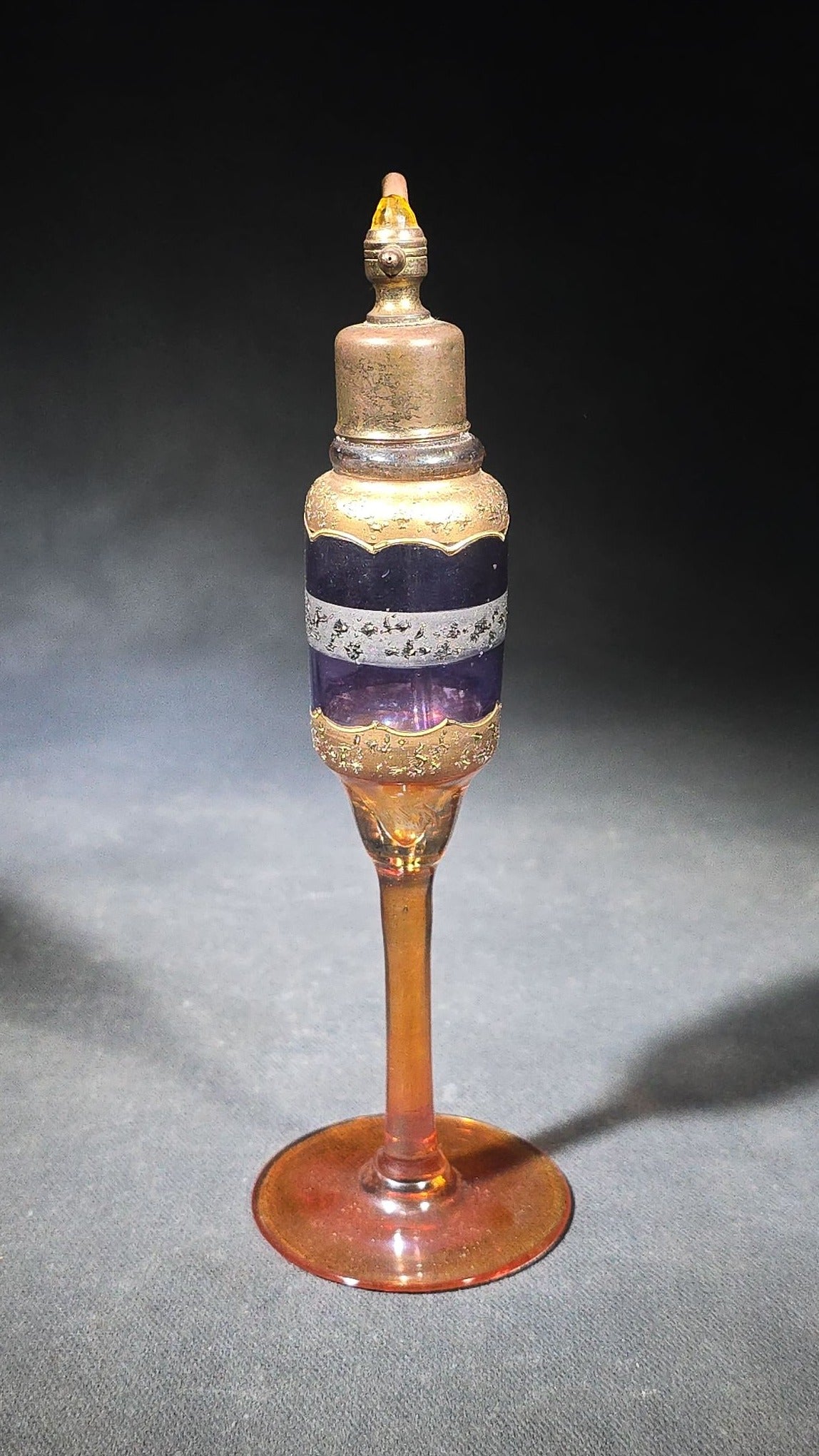 Vintage Pedestal Glass Perfume Atomizer with Gold and Silver Banding and Cobalt Blue Enamel, Marked "Made in Czecho-Slovakia"