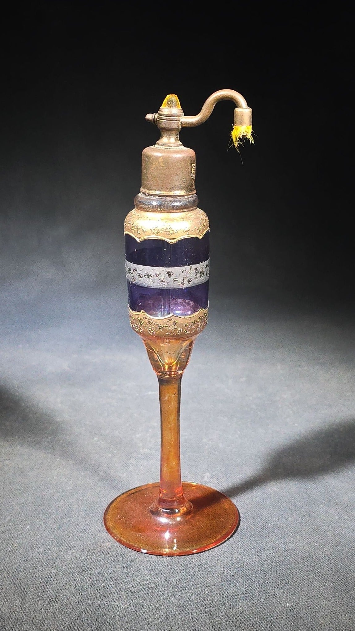 Vintage Pedestal Glass Perfume Atomizer with Gold and Silver Banding and Cobalt Blue Enamel, Marked "Made in Czecho-Slovakia"
