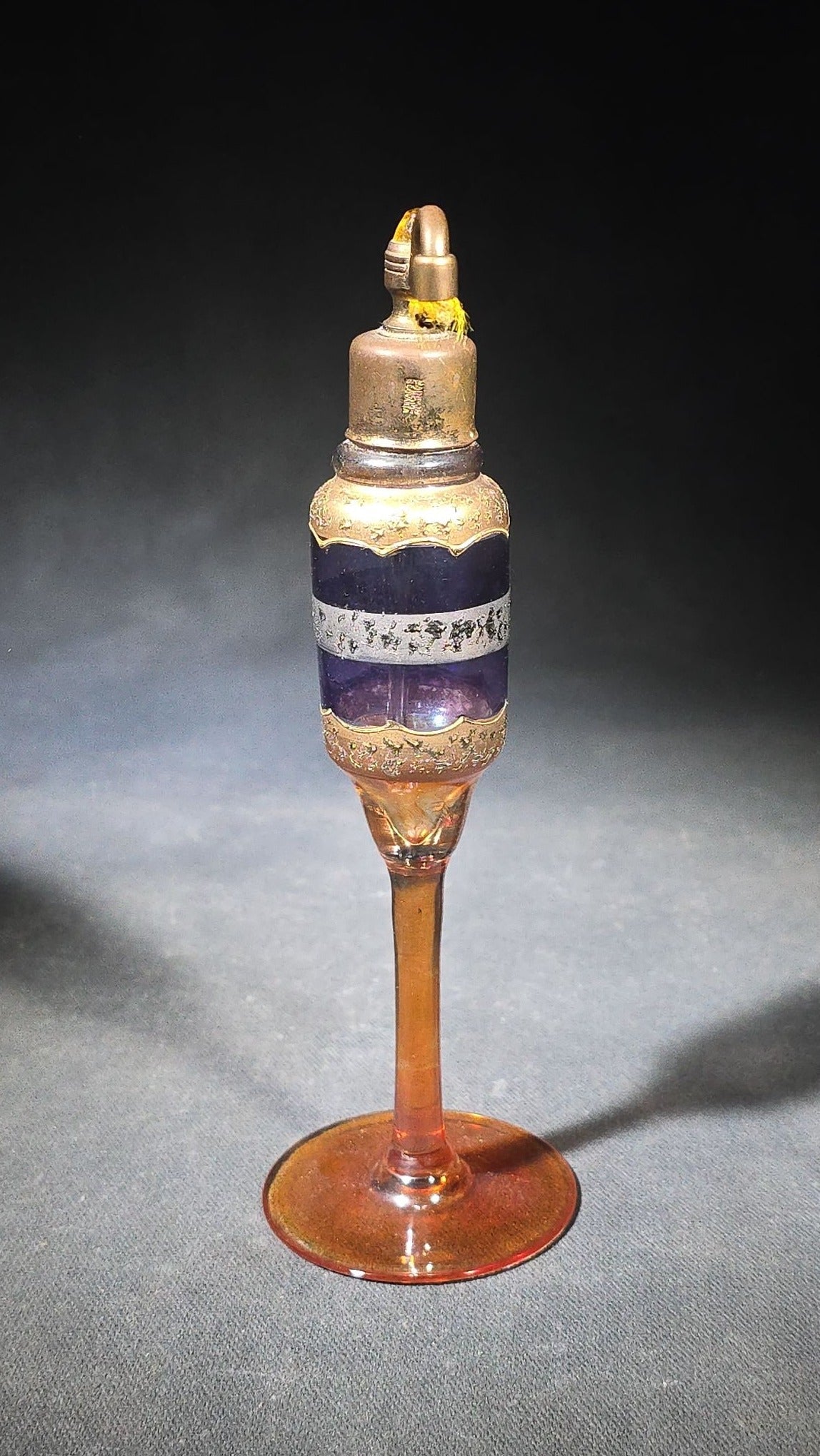 Vintage Pedestal Glass Perfume Atomizer with Gold and Silver Banding and Cobalt Blue Enamel, Marked "Made in Czecho-Slovakia"