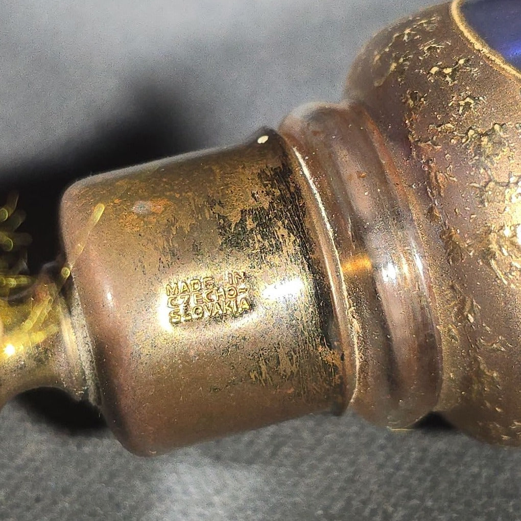 Vintage Pedestal Glass Perfume Atomizer with Gold and Silver Banding and Cobalt Blue Enamel, Marked "Made in Czecho-Slovakia"